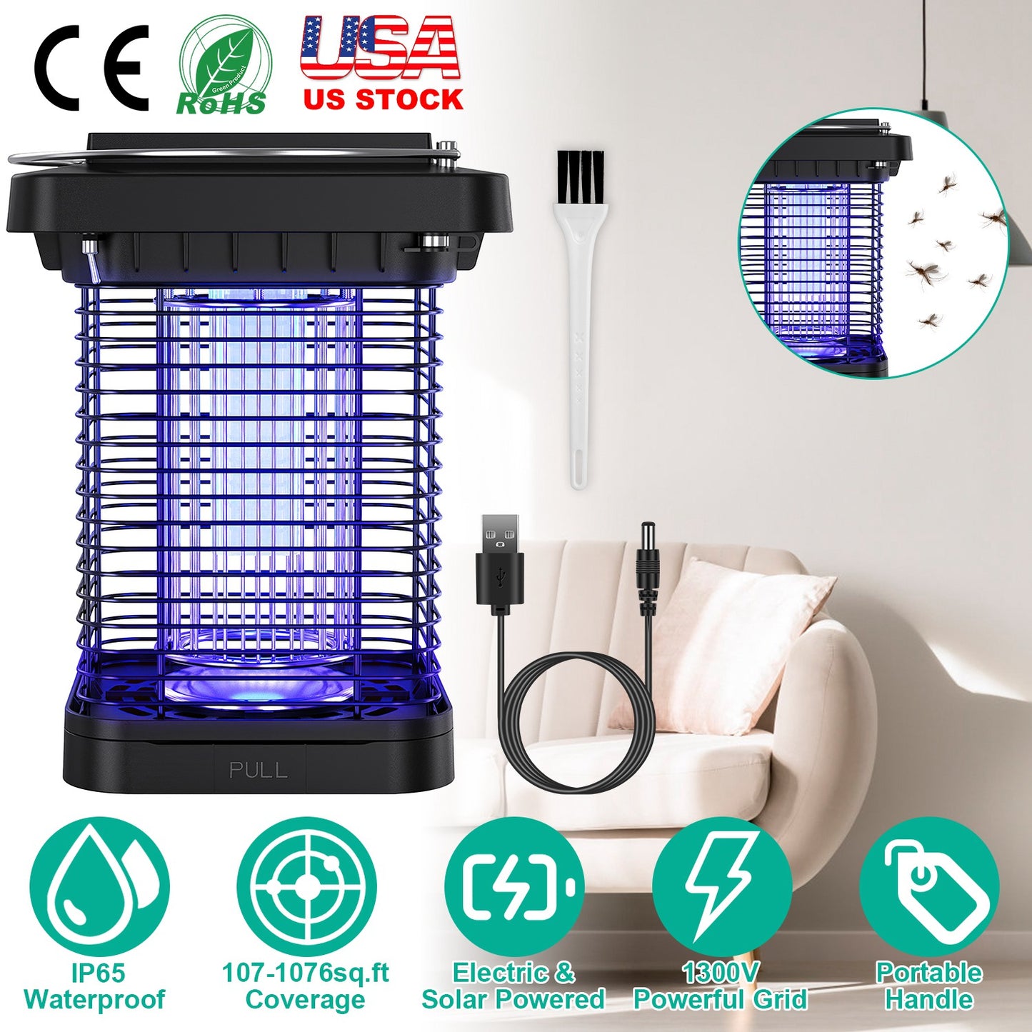 LJGelectro - Electric Solar Powered Bug Zapper 1076Sq.Feet Range Mosquito Killer Lamp IP65 Waterproof Insect Fly Trap Catcher for Indoor Outdoor