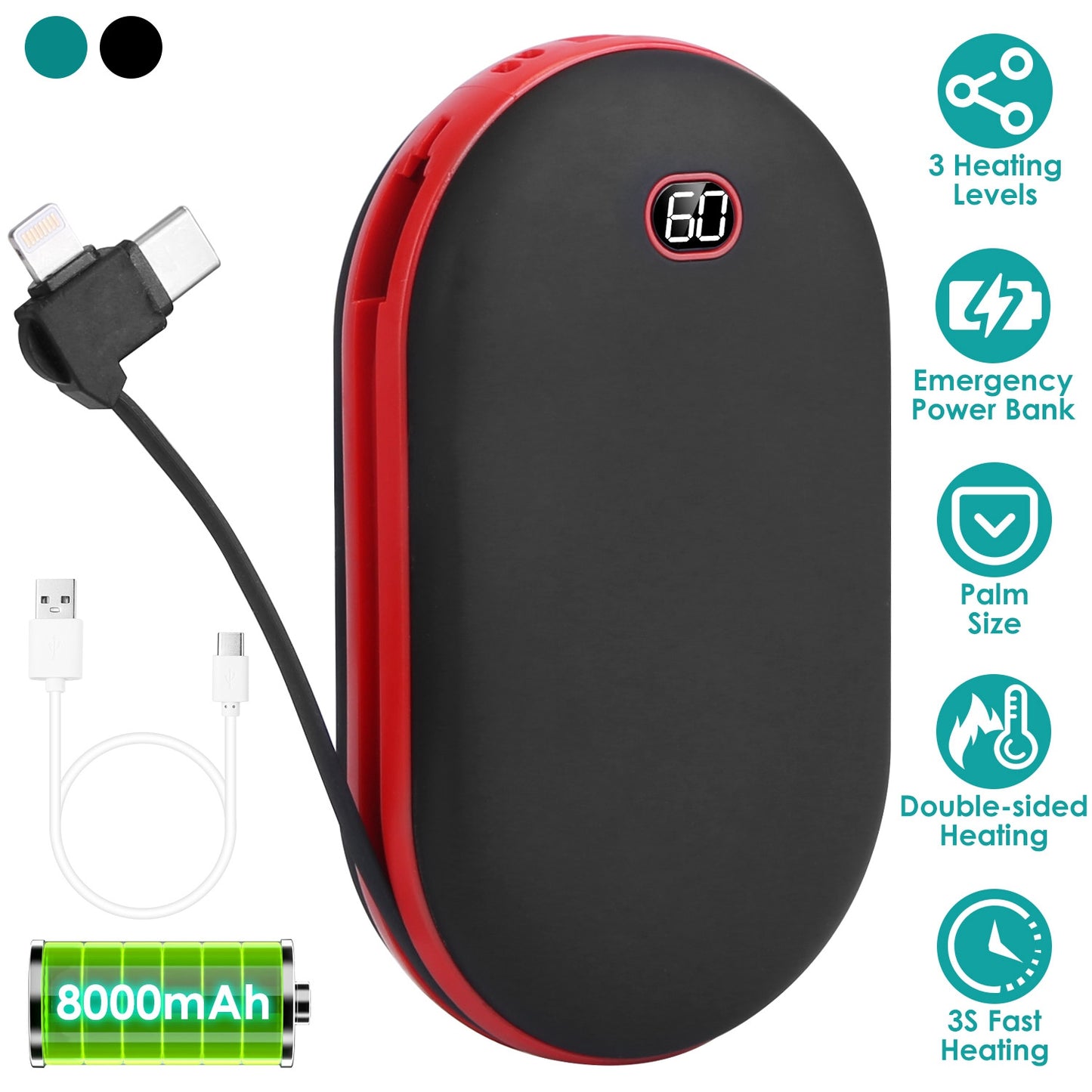 LJGelectro - 8000mAh 2 In 1 Electric Hand Warmer Rechargeable Hand Heater Portable Pocket Warmer with Power Bank 3 Heating Levels Digital Display Double-sided Heat