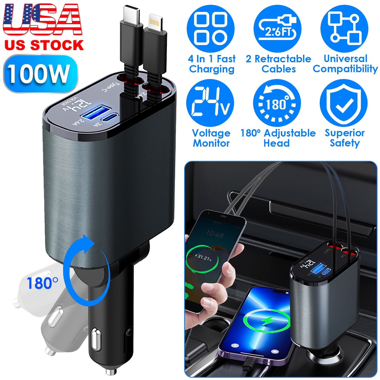 LJGelectro - 100W 4 In 1 Fast Car Charger USB C Car Charger 180ºAdjustable Car Phone Charger with Retractable Type-C LT Cable Voltage Monitor Fit for IOS Phone iPa