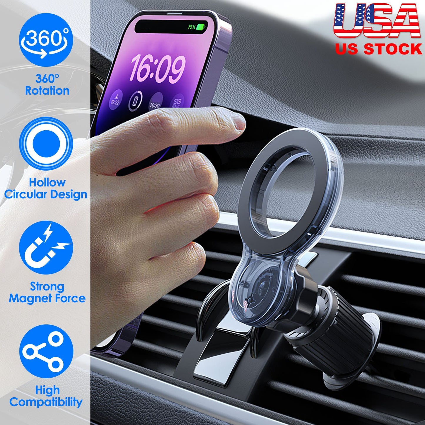 LJGelectro - Car Mount Magnetic Phone Holder For Car Vent 360° Rotation Hands Free Phone Mount Compatible with MagSafe IPhone 12 13 14 Mini Pro Max All Phones