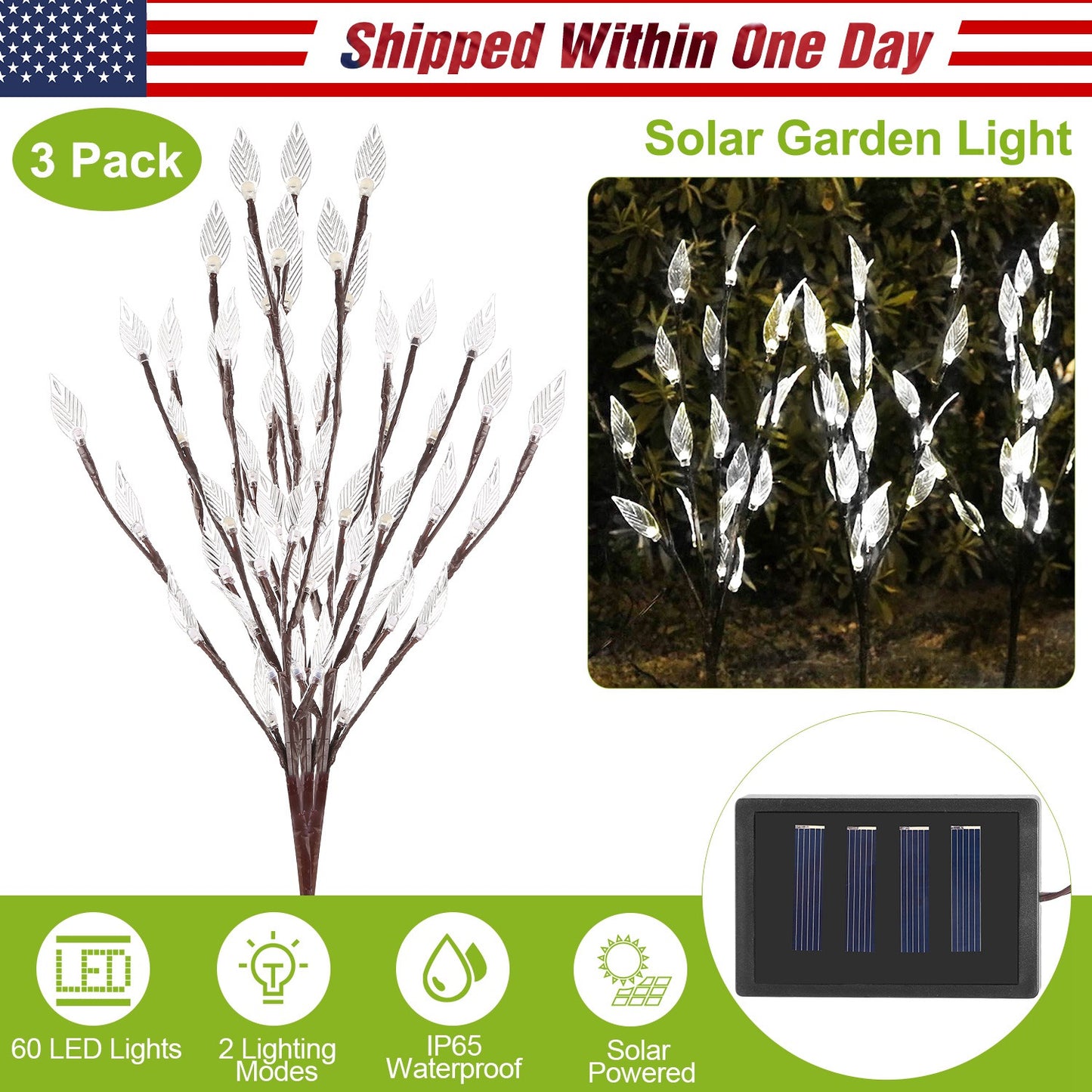 LJGelectro - 3 PCS 60 LED Solar Garden Lights Tree Branch Leaf Shape Lamp IP65 Waterproof Solar Garden Decorative Lights for Outdoor Garden Lawn Patio Decking