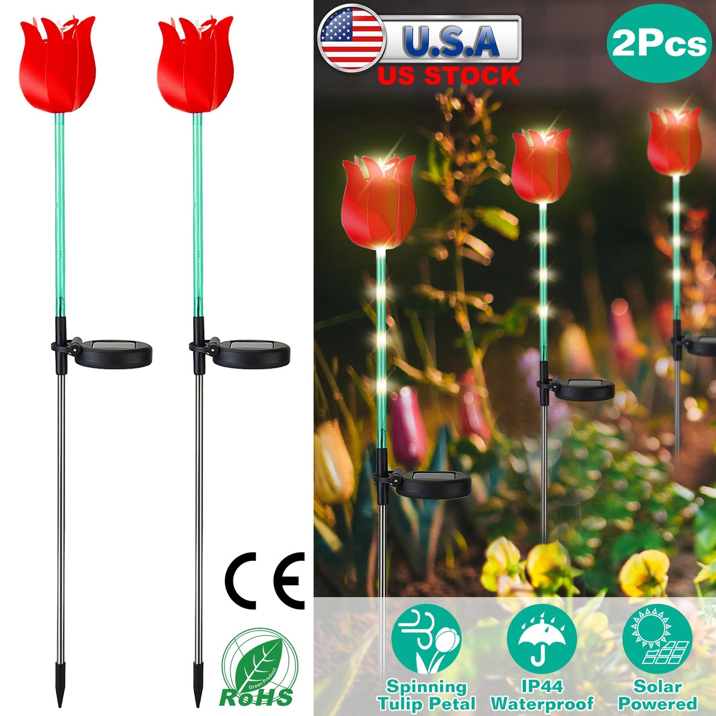 LJGelectro - 2Pcs Solar Powered Tulip Garden Light Wind Mill Waterproof Landscape Stake Lamp Decorative Lawn Lights For Yard Driveway Walkway Patio