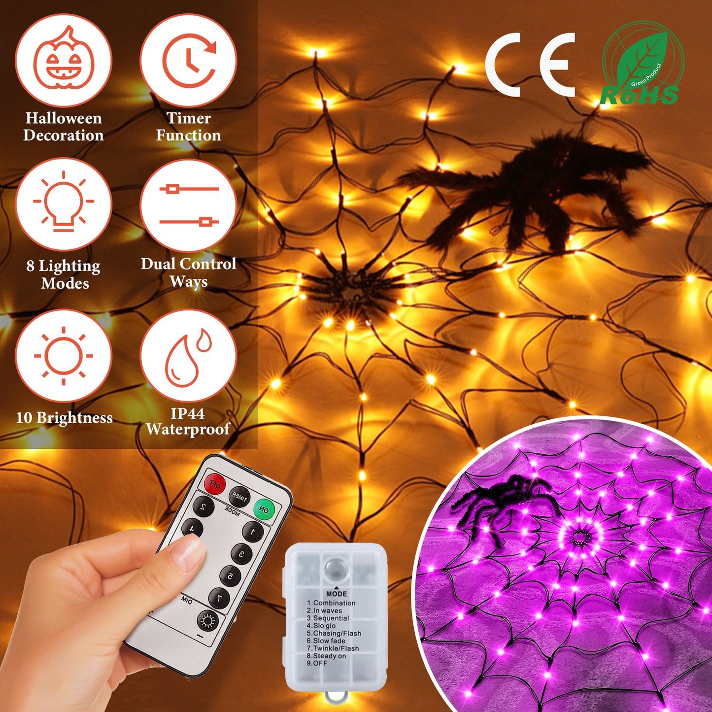 LJGelectro - 3.28FT Spider Web Light with Hairy Spider 70LED Battery Powered Remote Control 8 Lighting Modes Glowing Outdoor Indoor Wall Halloween Decoration