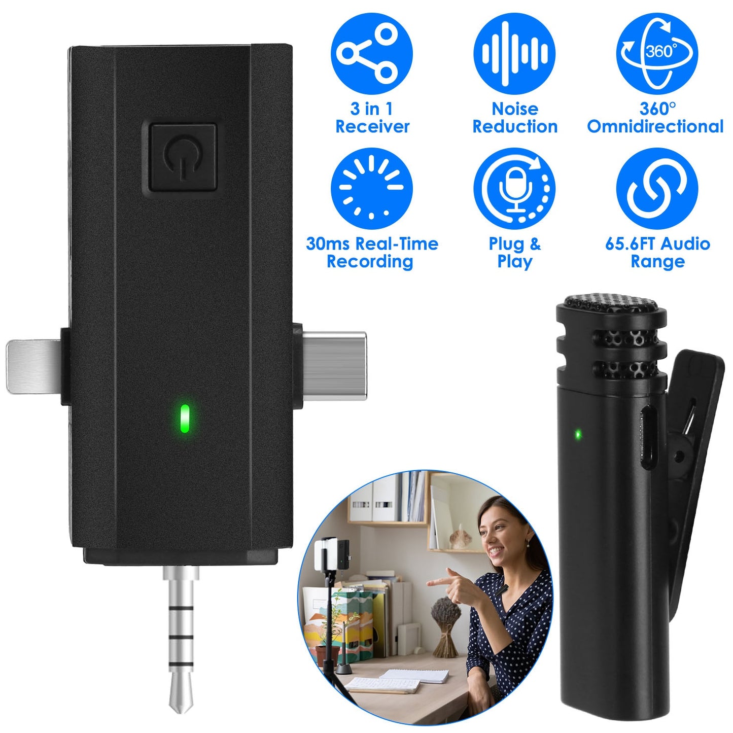 LJGelectro - 1Pc 3 in 1 Wireless Clip On Microphone Omnidirectional Mic Noise Reduction Plug and Play 65.6FT Transmission Type-C IOS PC Video Record Interview Vlog