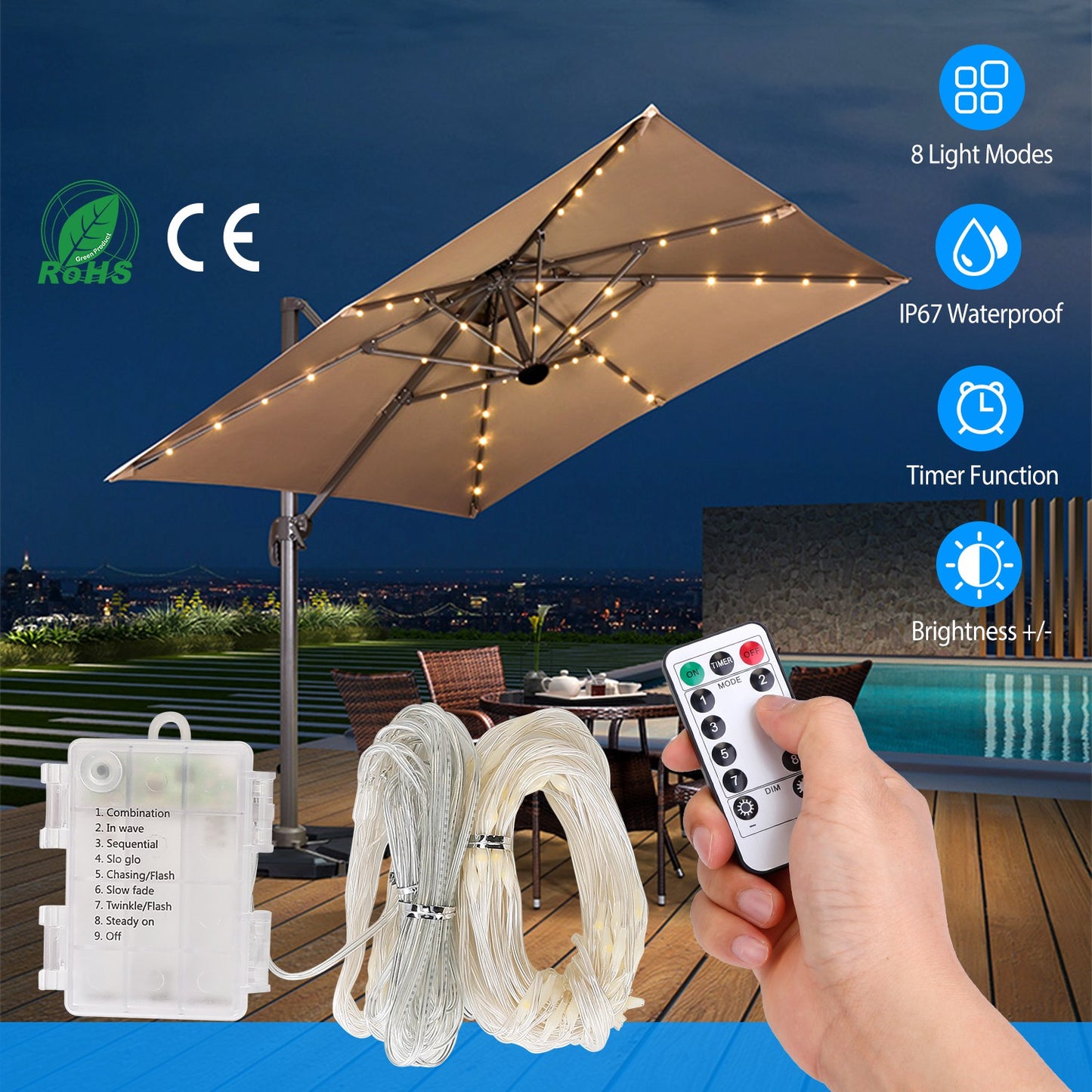 LJGelectro - Patio Umbrella Lights 8 Lighting Mode Waterproof Parasol Timer Lamps W/ Remote Controller 104 LED 8 Bundles Warm White for Patio Garden