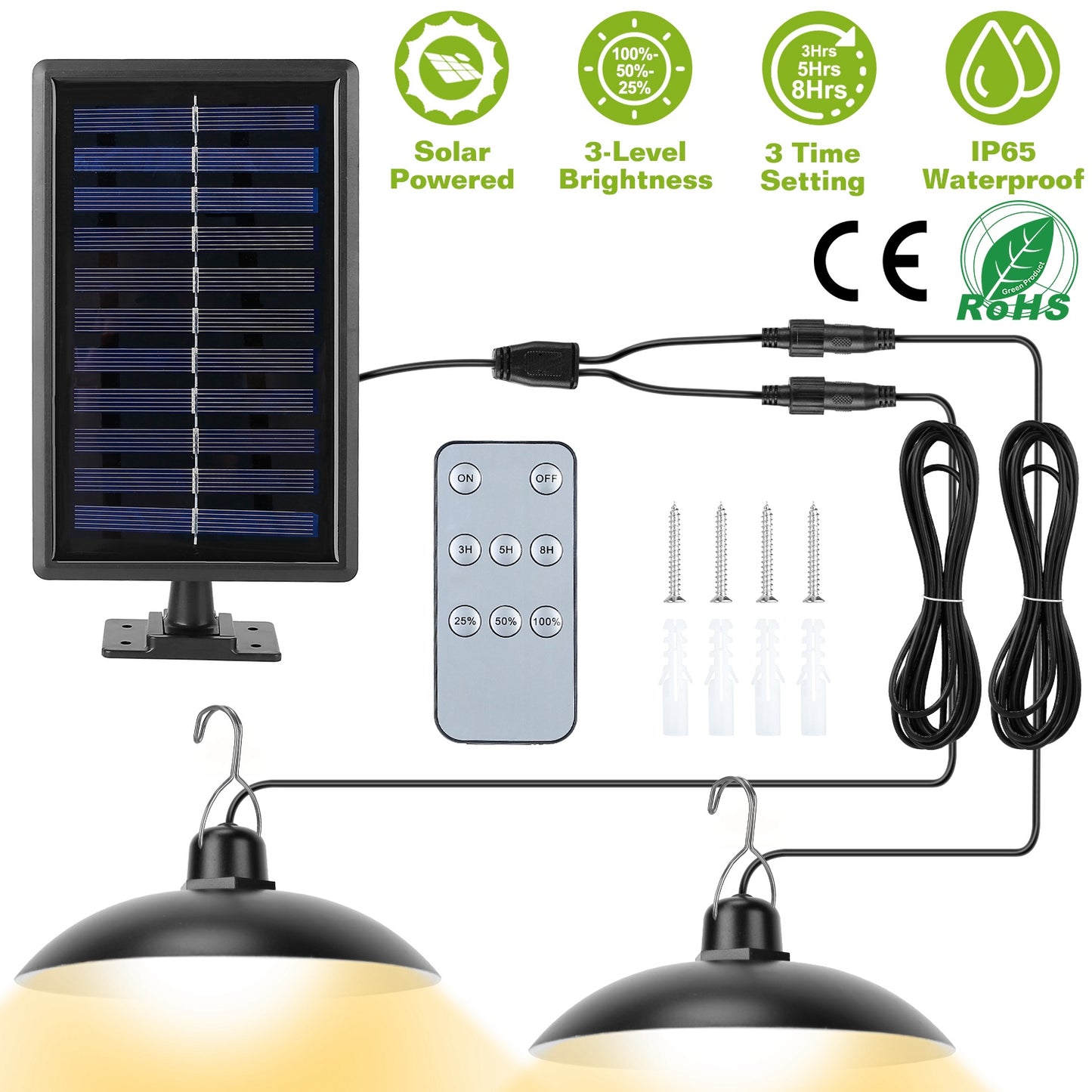 LJGelectro - Solar Shed Lights Dual Lighting Heads Dimmable Timing Auto Sensor Turn Off Hanging Lamp IP65 Waterproof Remote Control Pendant Light For Garden Patio