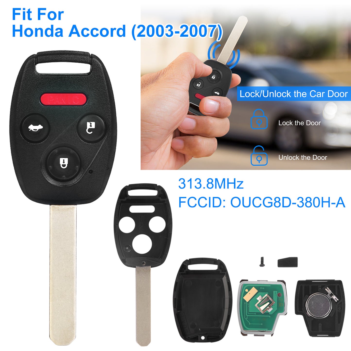 LJGelectro - Fit For Honda Accord 2003-2007 Remote Keyless Entry Shell Button Car Key Fob Uncut Key Cover Case OUCG8D-380H-A FCCID 313.8MHz Frequency