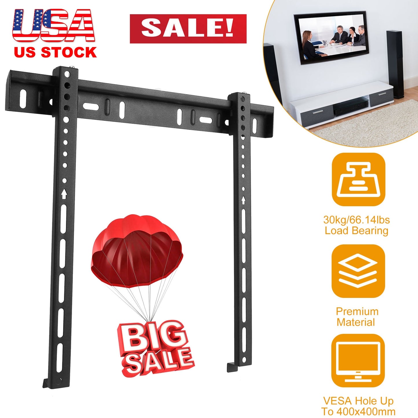 LJGelectro - TV Wall Mount TV Wall Holder Bracket Support 32-65 inch Flat TV Max Hole Distance 400x400mm Hold Up To 30kg/66.14lbs