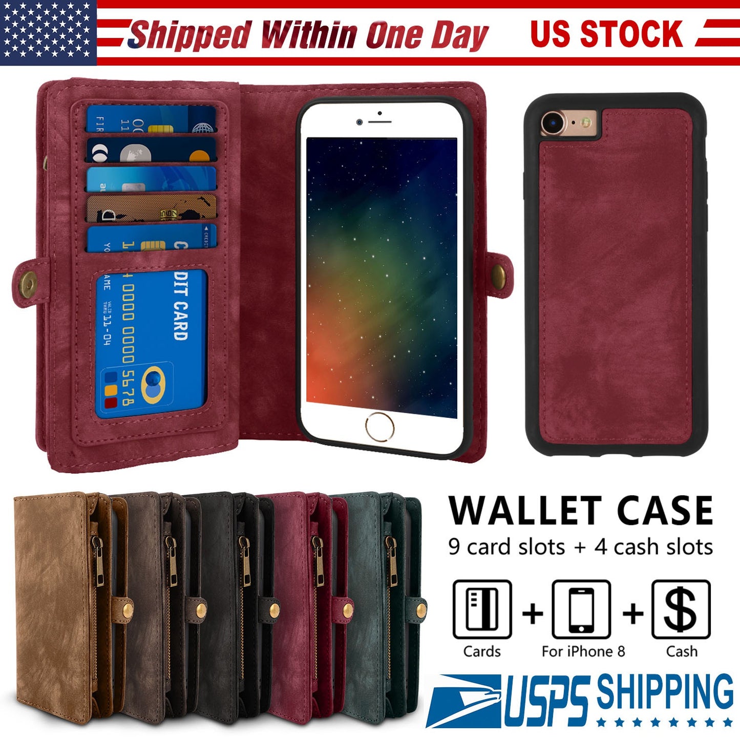 LJGelectro - Phone Wallet Case For iPhone 8 Portable Wallet Case 2 in 1 Leather Zipper Magnetic Detachable 13 Card Slots Money Pocket Clutch Cover W/ID Widows