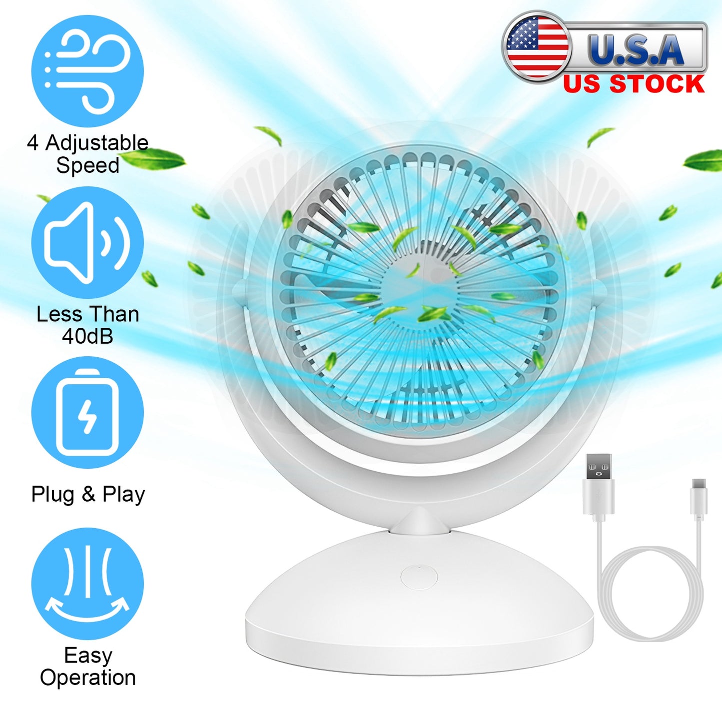 LJGelectro - Air Circulator Desk Fan Portable Desktop Rechargeable Oscillating Fan with 4 Speeds 360 Degree Tilt Head Automatic Rotation Quiet 40dB Table Fan for H