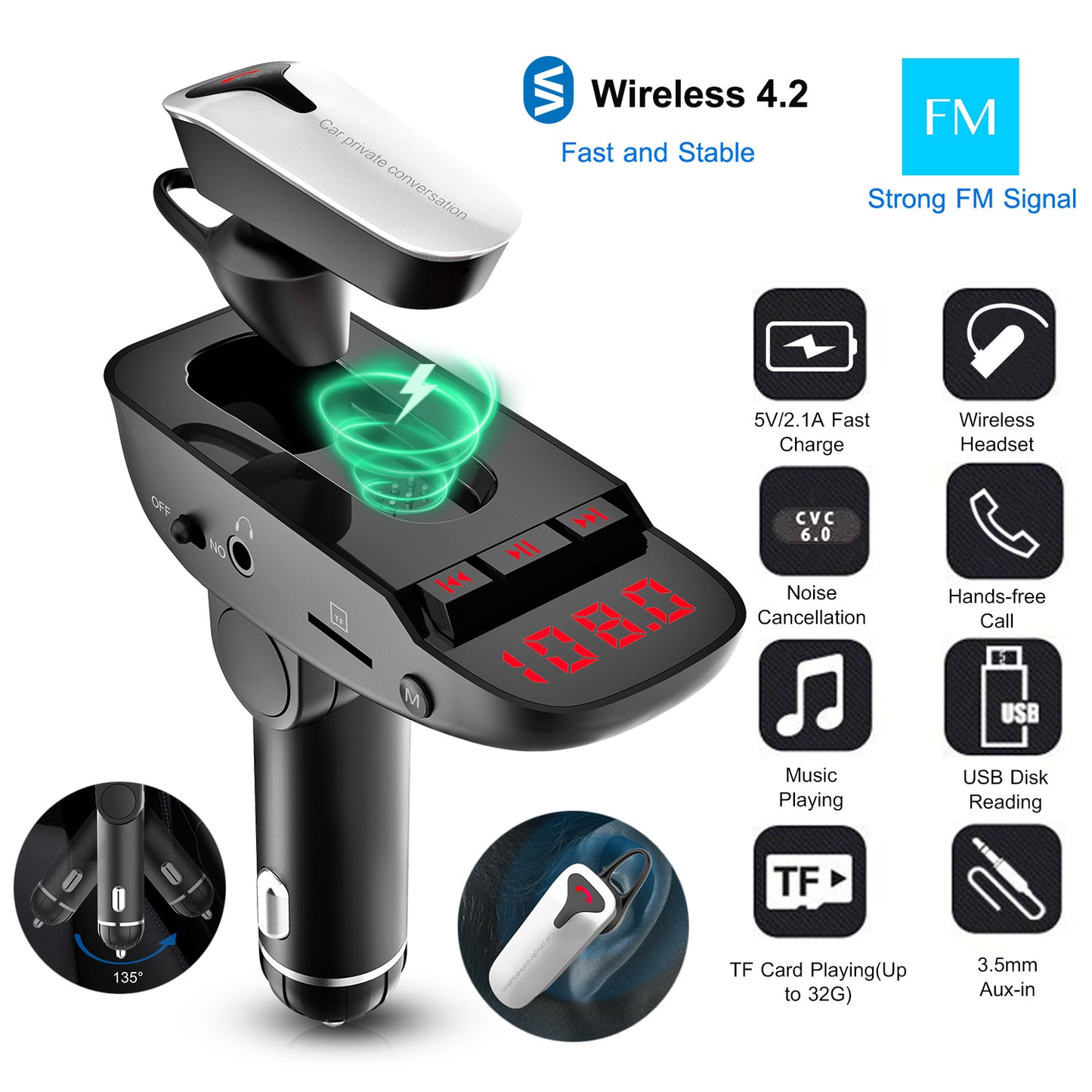 LJGelectro - Car FM Transmitter w/ Wireless Earpiece 2 USB Charge Ports Hands-free Call MP3 Player TF Card Aux-in