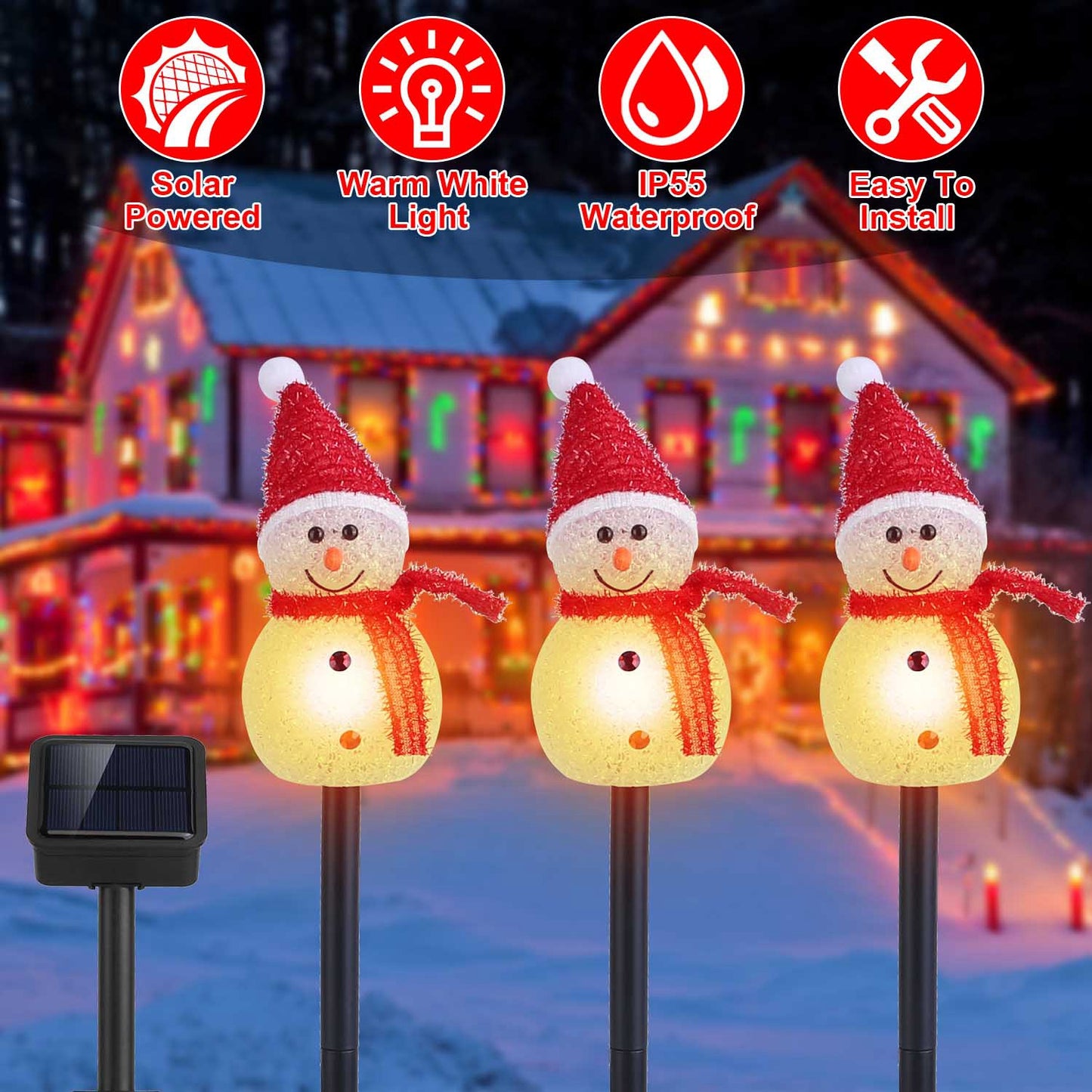 LJGelectro - 1Pc Solar Powered Lamp 3 Snowmen Outdoor Decorative Christmas Lamp Garden Stake Light IP55 Waterproof Santa Landscape Light Warm White LED Lighting Pa