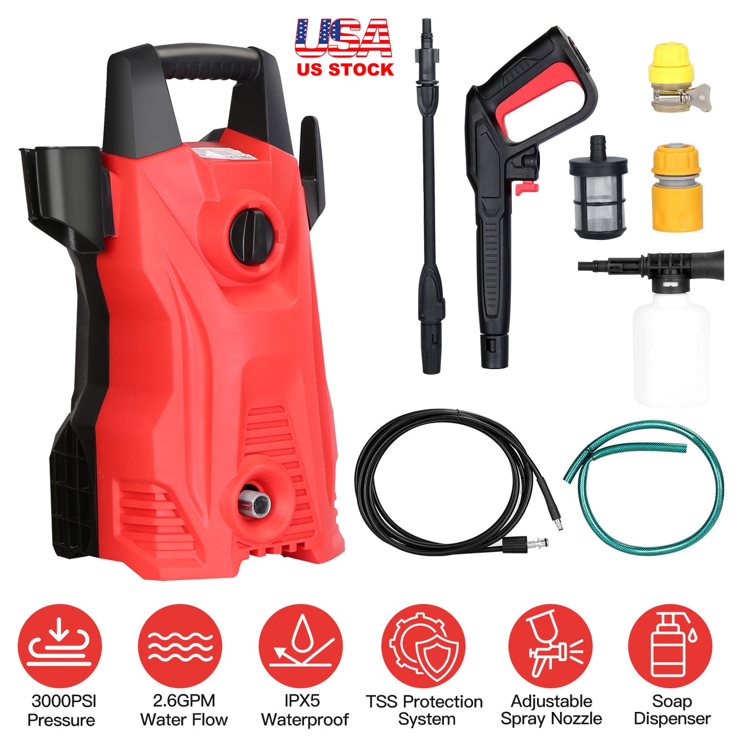 LJGelectro - Electric High Pressure Washer 3000PSI Max 2.6GPM Powerful Car Washer Pressure Cleaner with Adjustable Spray Nozzle Soap Dispenser IPX5 Waterproof for