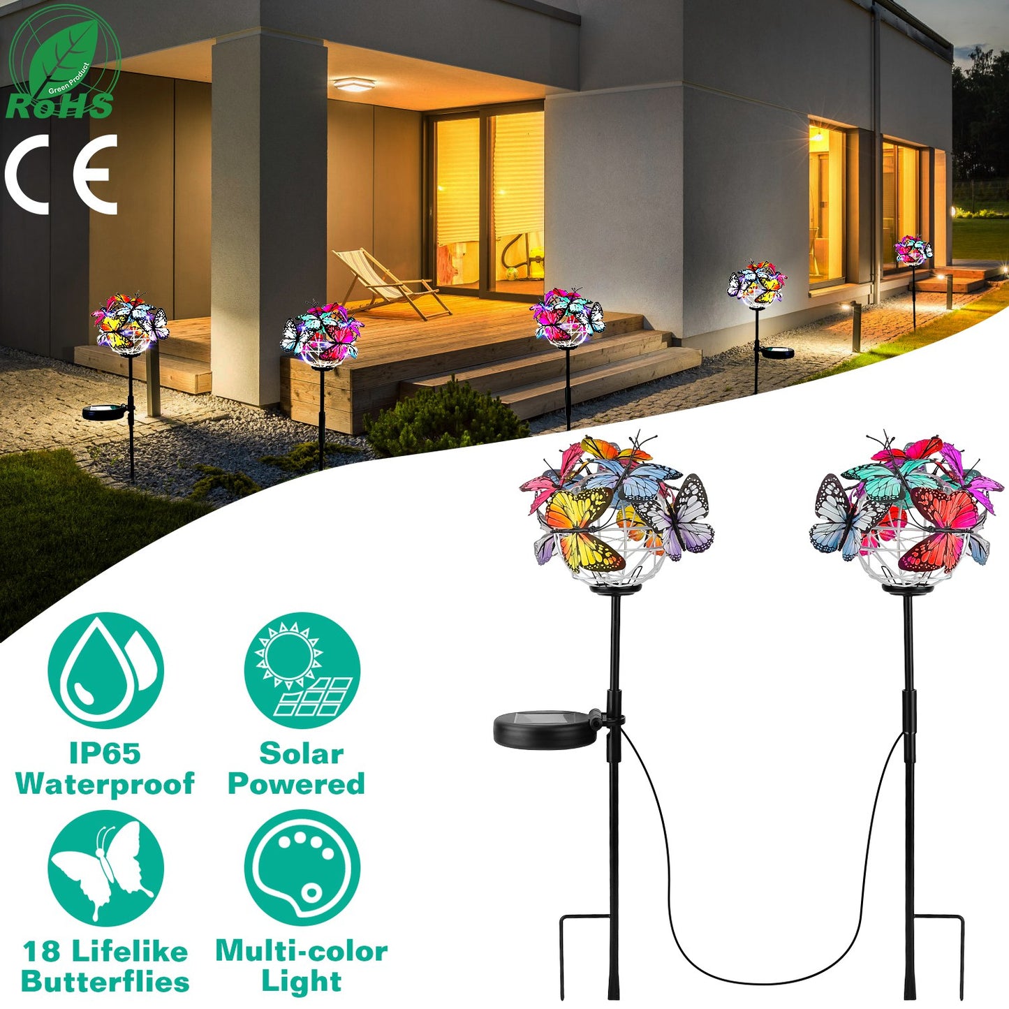 LJGelectro - 2 in 1 Outdoor Solar Light Butterfly Landscape Light Yard Stake Decor Lamp Stake Light w/ Butterfly