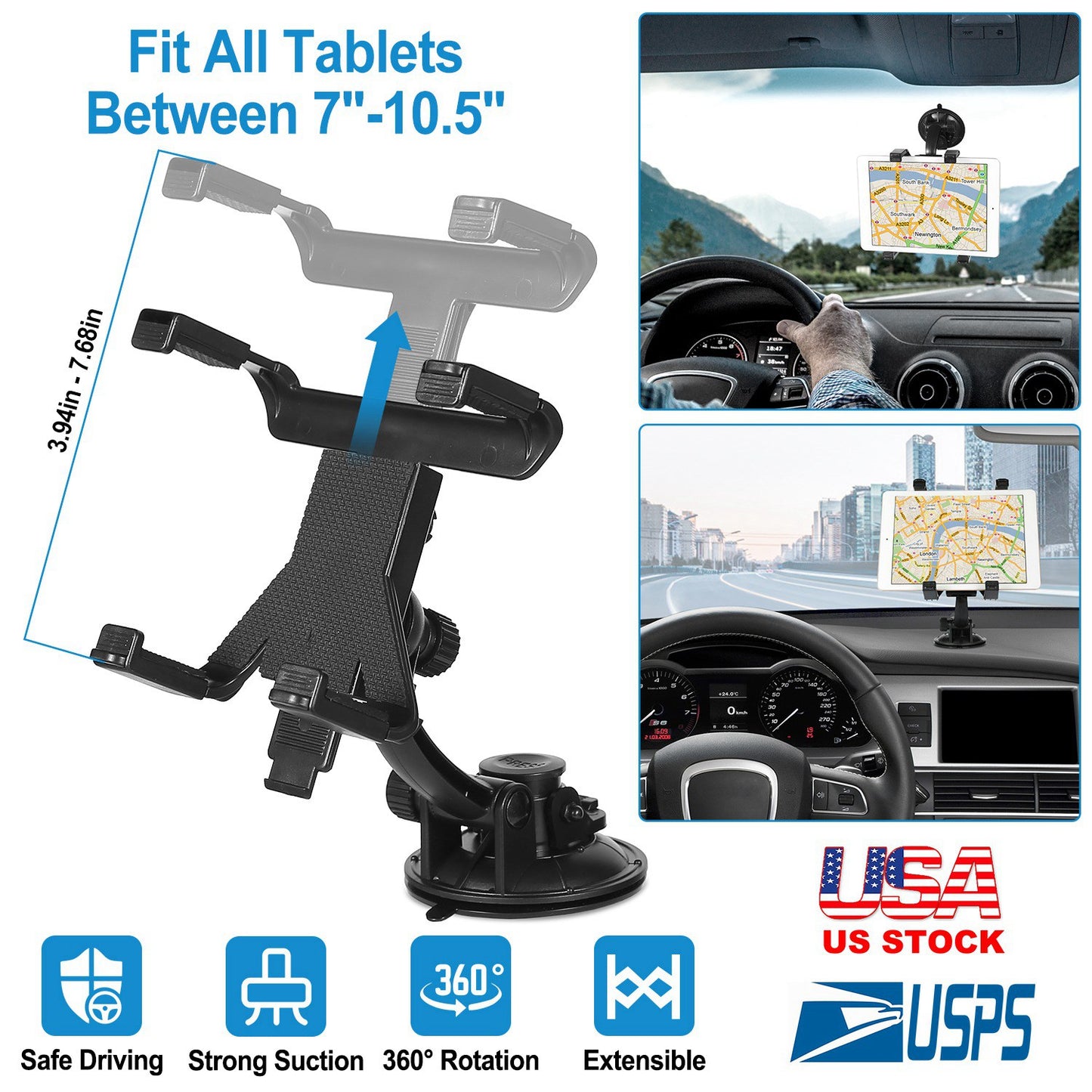 LJGelectro - 360° Car Windshield Tablet Mount Holder Dashboard Tablet Stand For 7-10.5" Tablet GPS