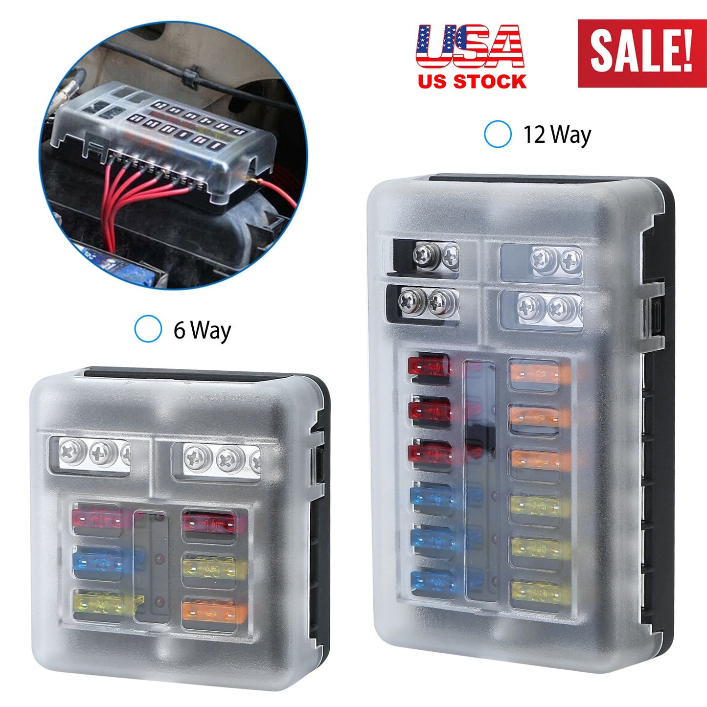 LJGelectro - 6-Way Fuse Box Holder w/ LED Indicator 6 Circuit Blade Fuse Block Sticker Label For 12-32V Automotive Boat Car SUV Marine