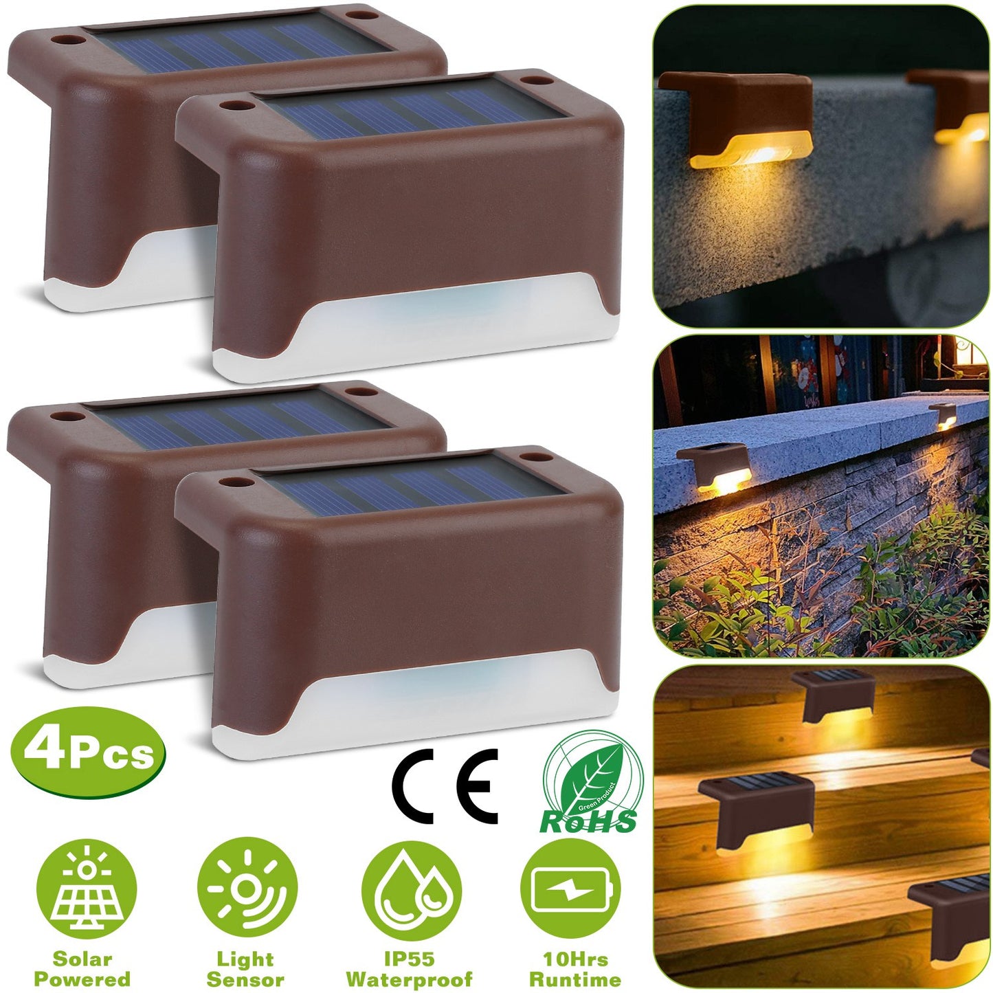 LJGelectro - 4Pcs Solar Powered LED Step Lights Outdoor IP55 Waterproof Dusk To Dawn Sensor Fence Lamps For Stairs Yard Railing