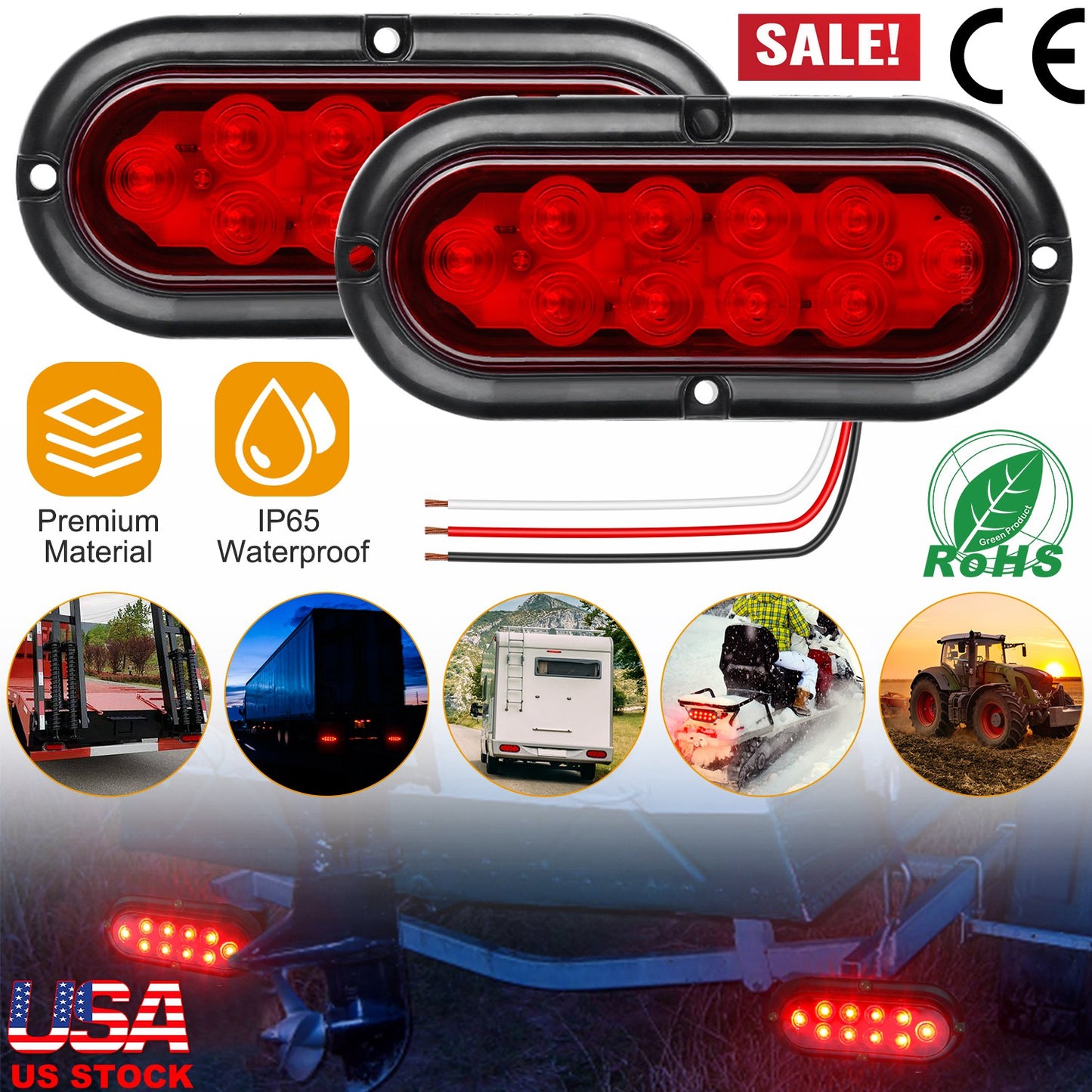 LJGelectro - 2Pcs Oval LED Brake Light 10LEDs Lamp Stop Turn Tail Light IP65 Waterproof Oval Red Trailer Tail Light for Trunk Jeep RV etc.