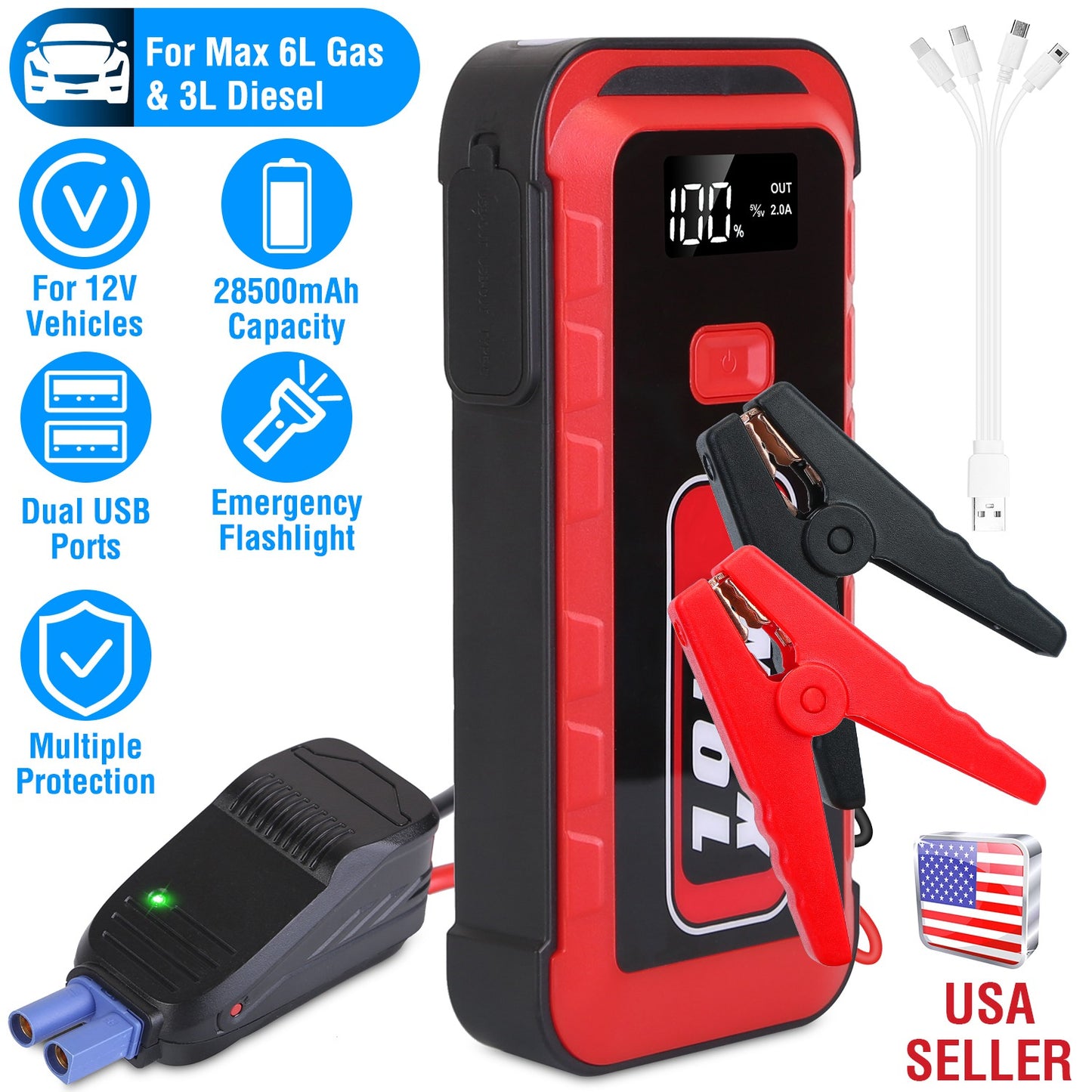 LJGelectro - Car Jump Starter Booster 2500A Peak 25800mAh Battery Charger Power Bank with 4 Modes LED Flashlight for Up to 6.0L Gas or 3.0L Diesel Engine Car