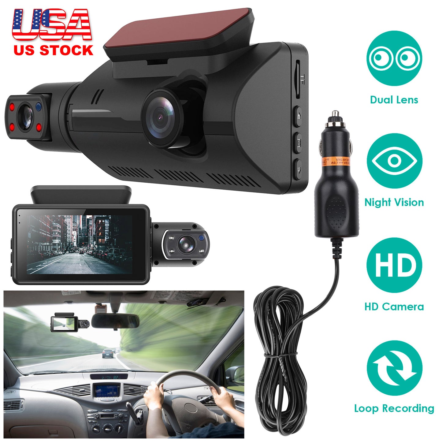 LJGelectro - Dual Lens Car DVR Dash Cam Video Recorder 720P Front Inside Camera Loop Recording Night Vision Driving Vehicle Recorder