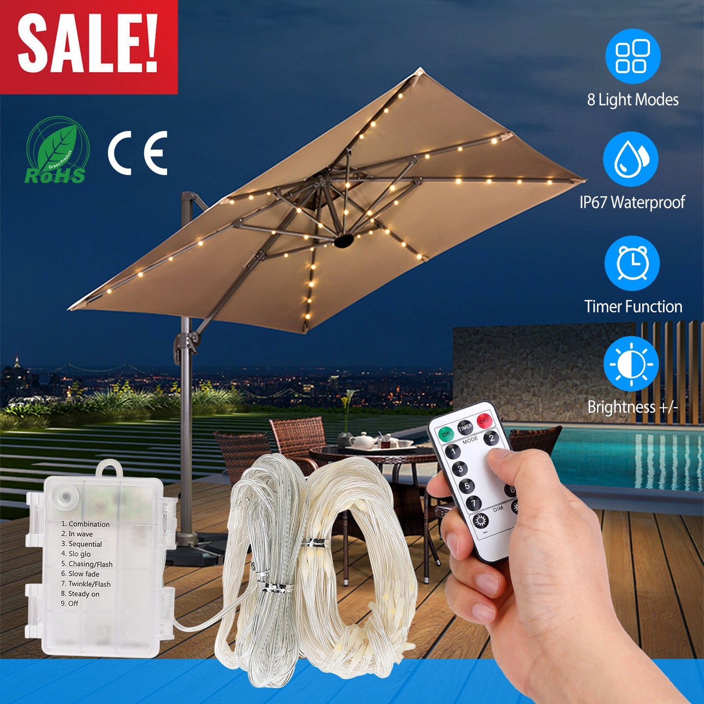 LJGelectro - Patio Umbrella Lights 8 Lighting Mode Waterproof Parasol Timer Lamps W/ Remote Controller 104 LED 8 Bundles Warm White for Patio Garden