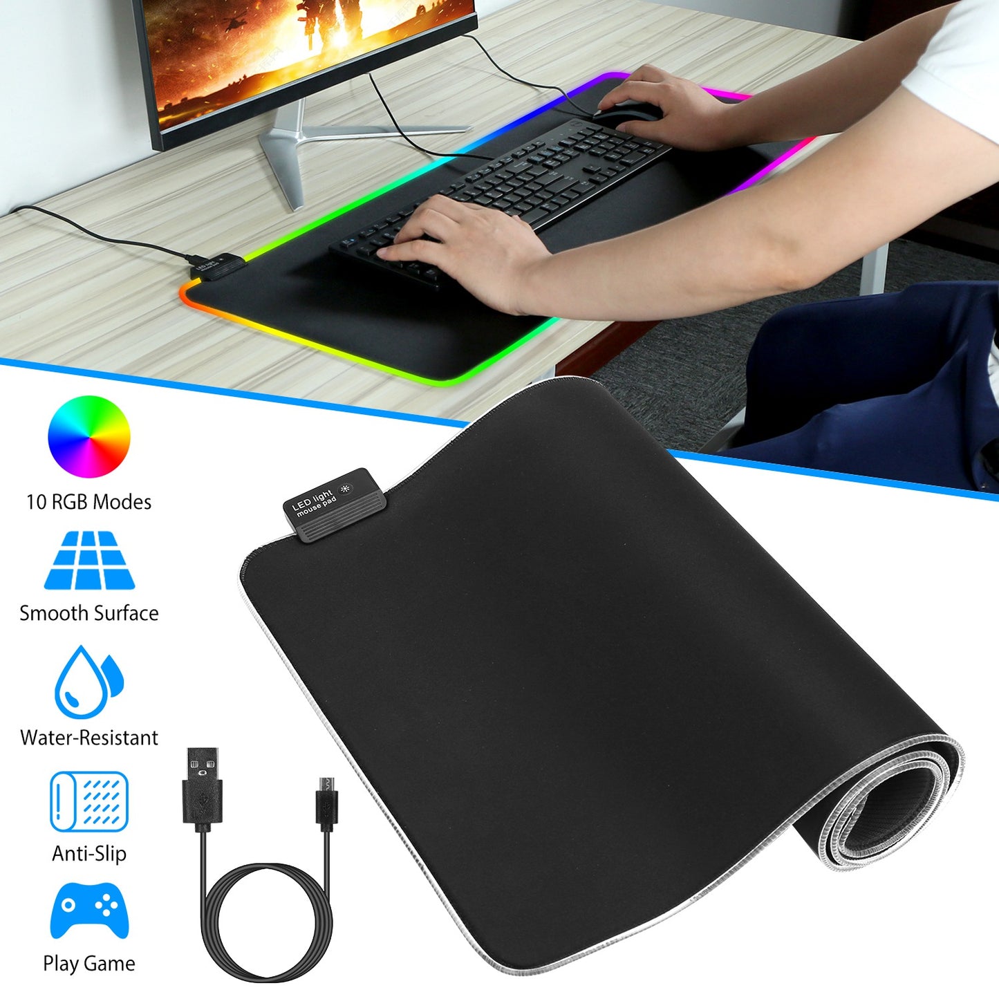 LJGelectro - Large LED Gaming Mouse Pad RGB Computer Keyboard Mouse Mat w/ 10 Light Modes Non-Slip Rubber Base for Game Office