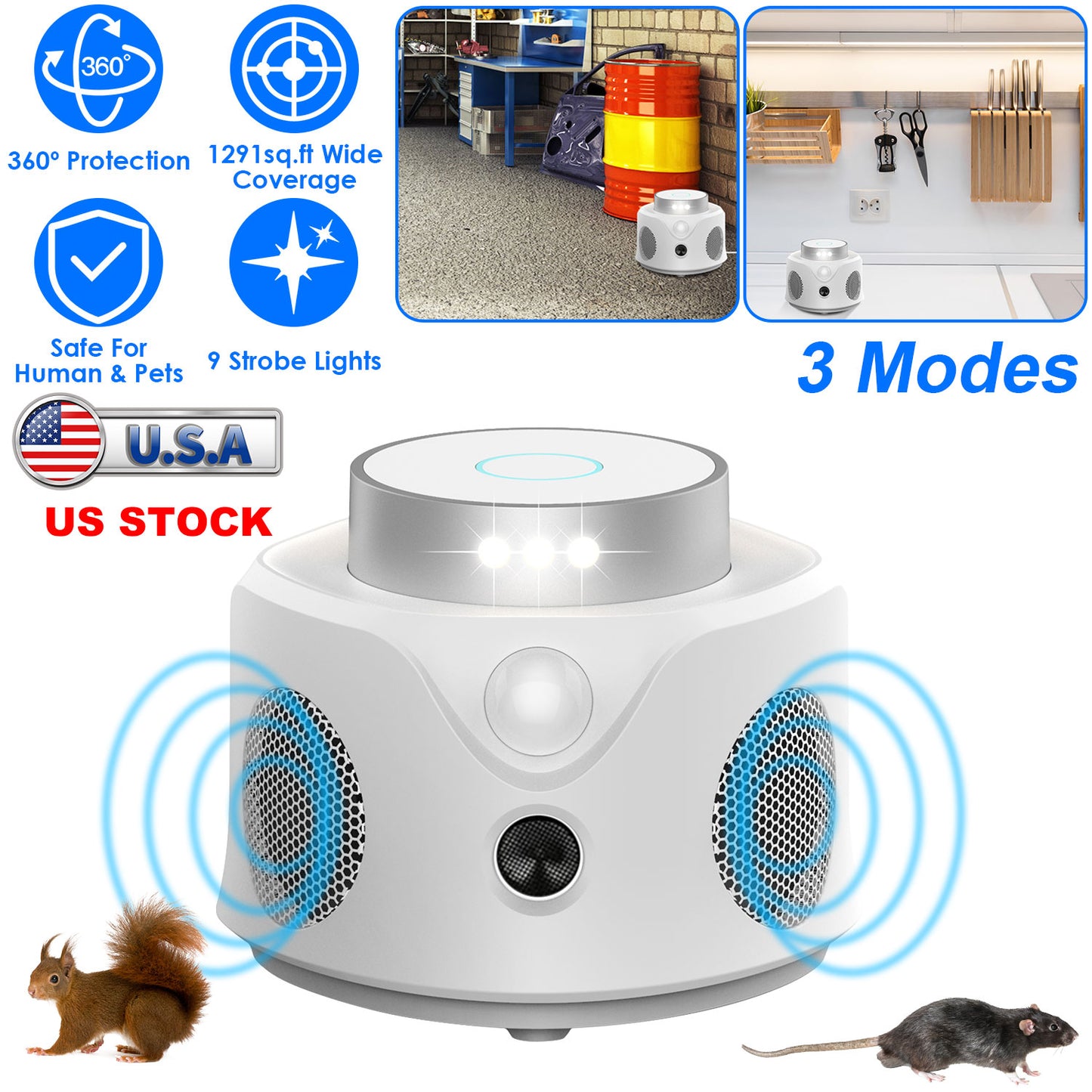 LJGelectro - 360° Ultrasonic Mice Repellent Indoor Rodent Repeller Mice Rat Squirrel Rodent Chaser with 3 Modes 9 Strobe Lights for Kitchen Living Room Attic Basem