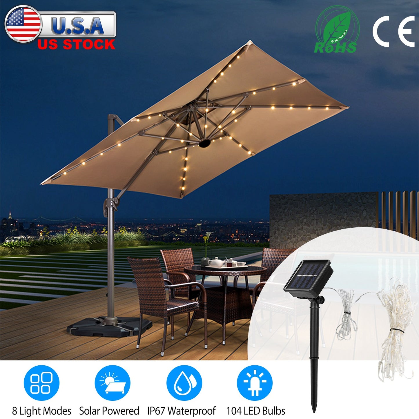 LJGelectro - Solar Umbrella Lights Outdoor Parasol String Light 8 Lighting Mode Waterproof 104 LED 8 Bundles Warm White for Patio Garden Outdoor