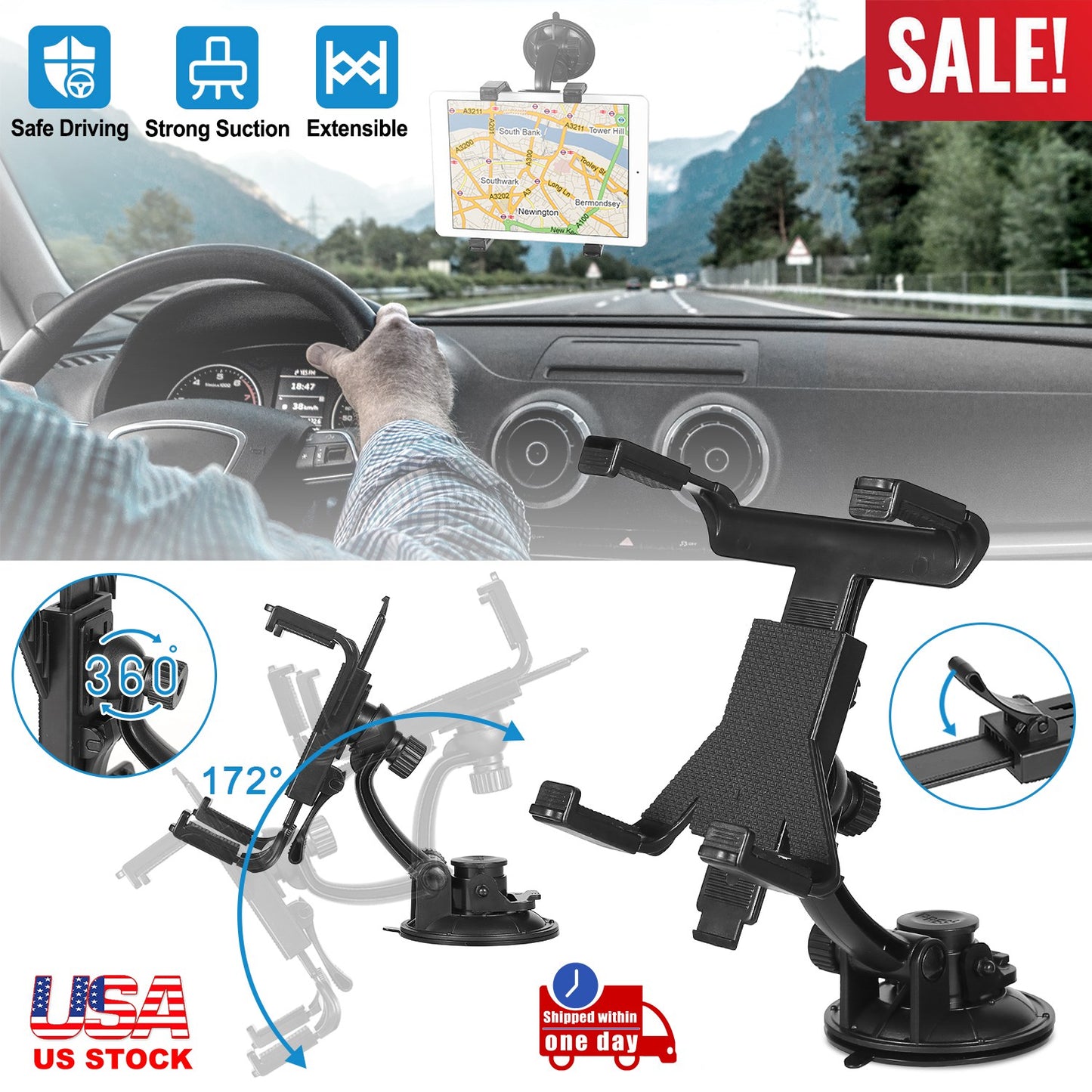 LJGelectro - 360° Car Windshield Tablet Mount Holder Dashboard Tablet Stand For 7-10.5" Tablet GPS