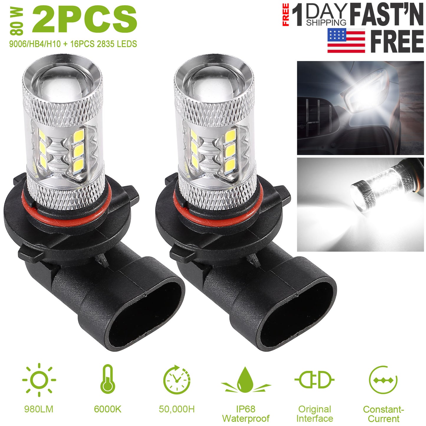 LJGelectro - 2PCS 980LM 80W 9006 HB4 LED Fog DRL Light Bulb IP68 Waterproof 16 2835 LEDs 360° Beam Angle 6000K White