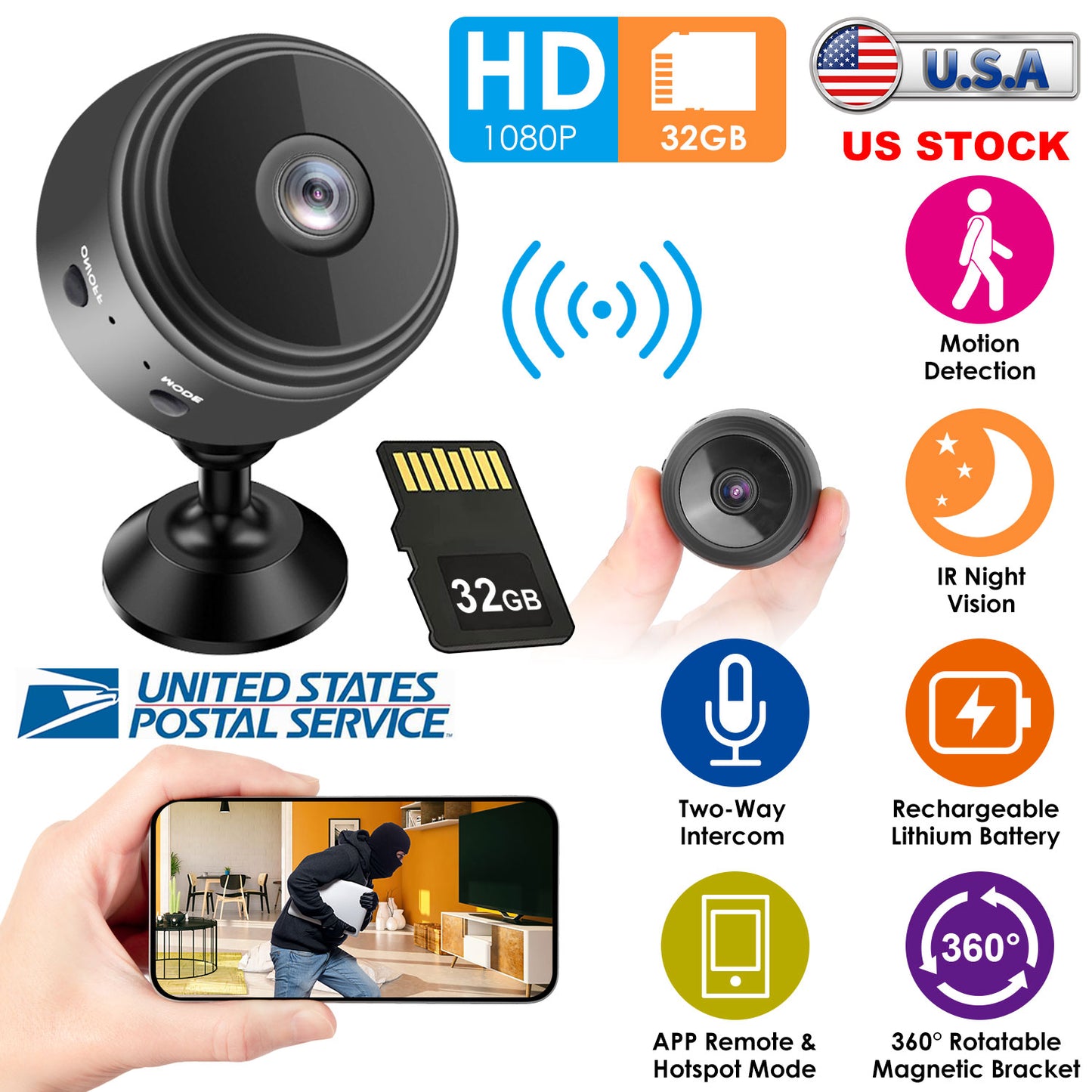 LJGelectro - Mini Camera Wireless Wifi IP Home Security Cam 1080P Full HD Surveillance Camera Nanny Cam w/ 32G MMC Card