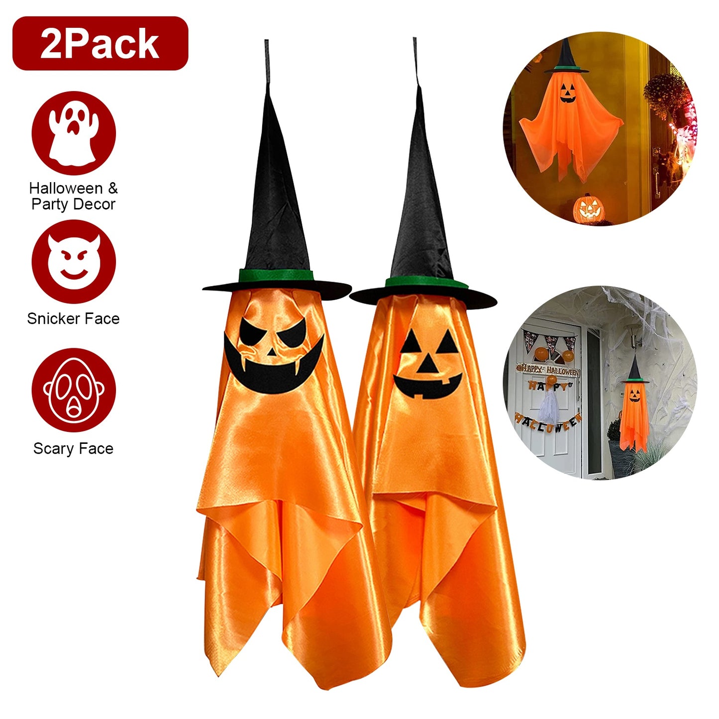 LJGelectro - 2 Pack Hanging Ghosts with Wizard Hat Snicker Scary Face Halloween Party Hanging Decorations Pumpkin Wizard Hat for Eave Tree Porch