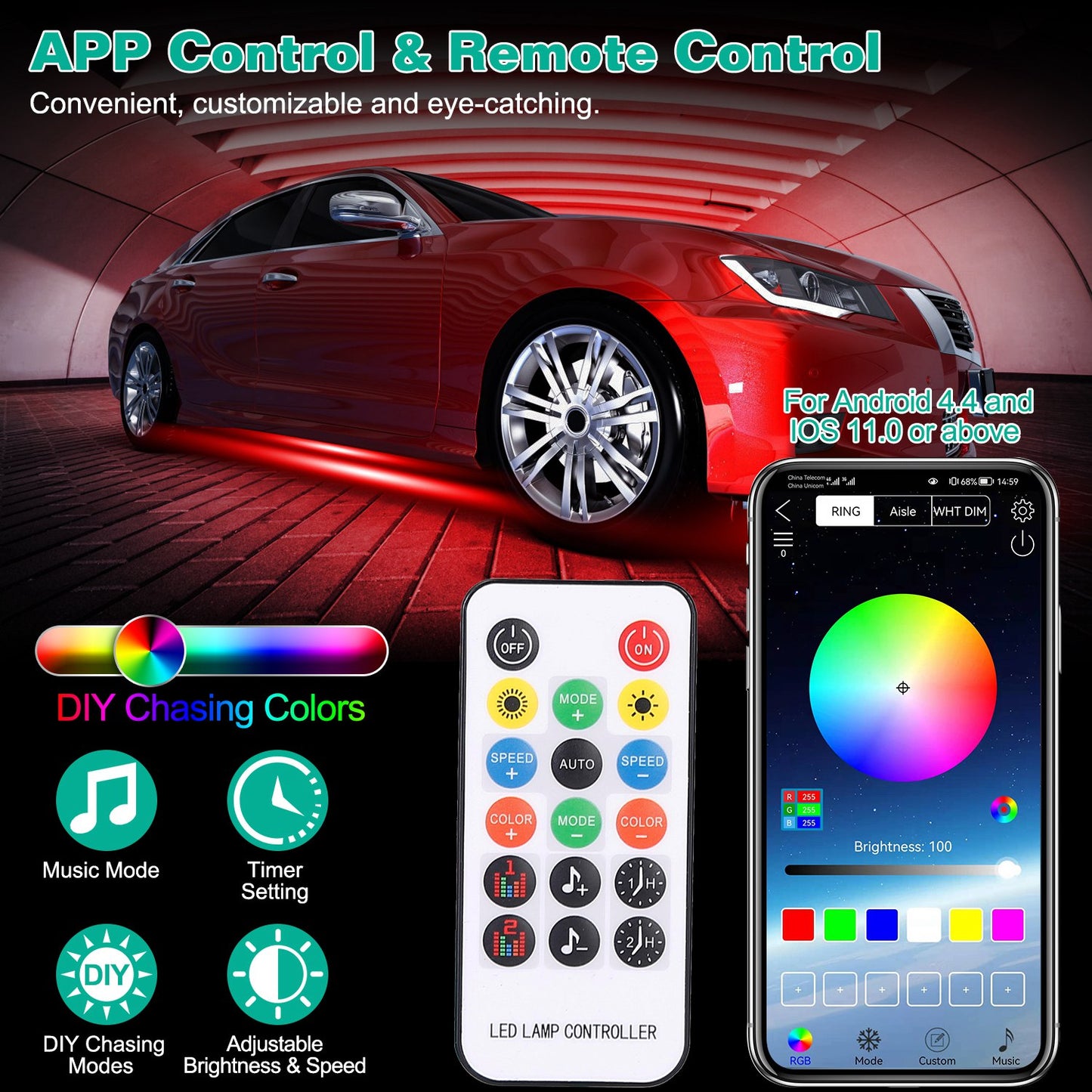 LJGelectro - Waterproof RGB Underglow LED Strip Remote App Control Car Underbody Light Music Control Exterior Underbody Lights DC 12V