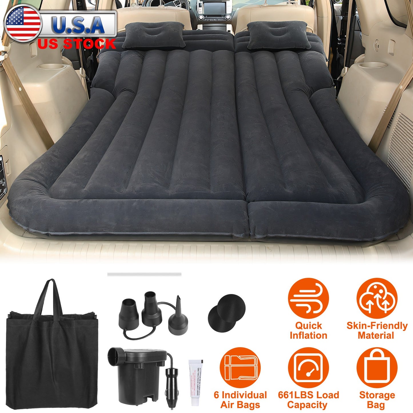 LJGelectro - Inflatable SUV Air Mattress Thickened Camping Bed Cushion with Pillow Air Pump Storage Bag PVC Flocked Car Bed for Home Car Travel Camping