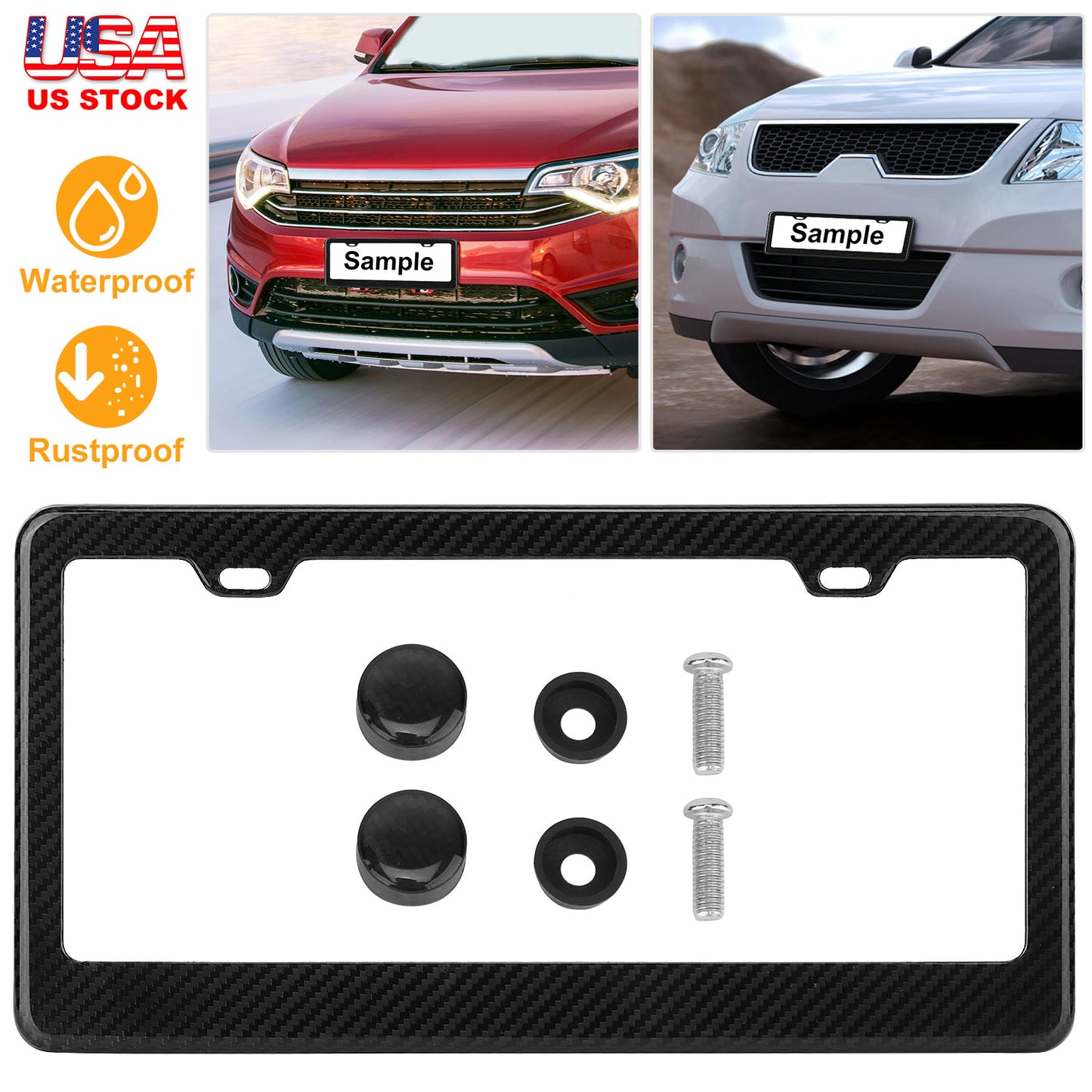 LJGelectro - License Plate Frame Rustproof Waterproof Carbon Fiber Black License Plate Frame 2 Holes w/ Bolts Washer Caps for USA/Canada Standard