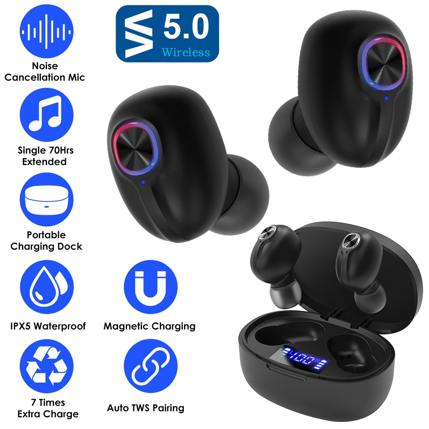 LJGelectro - TWS Wireless 5.0 Earbuds In-Ear Stereo Headset Noise Canceling Earphone Headsets w/Mic Magnetic Charging Dock For Driving Working Travelling