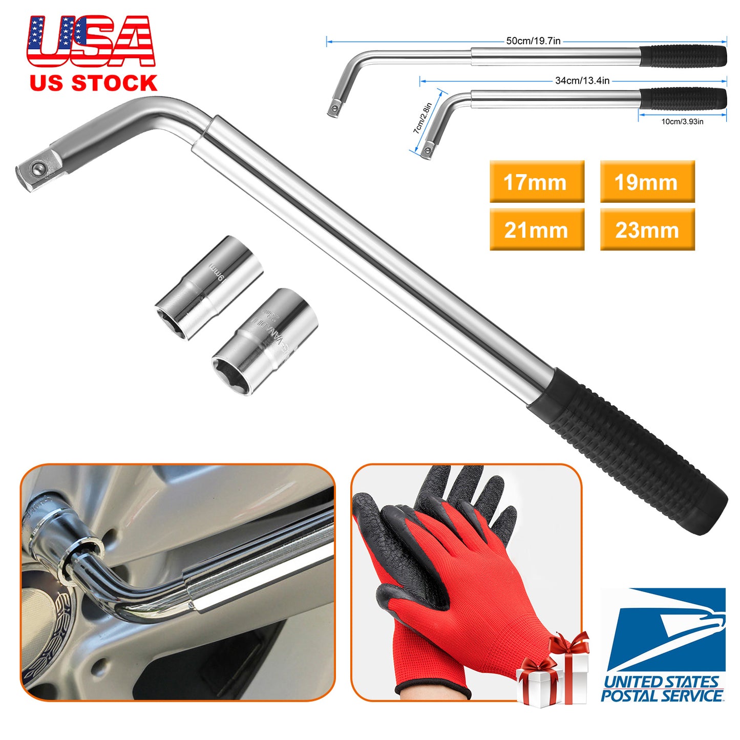 LJGelectro - Telescoping Lug Wrench Extendable Tire Wheel Nut Wrench with CR-V Sockets 17mm/19mm/21mm/23mm Free Work Gloves