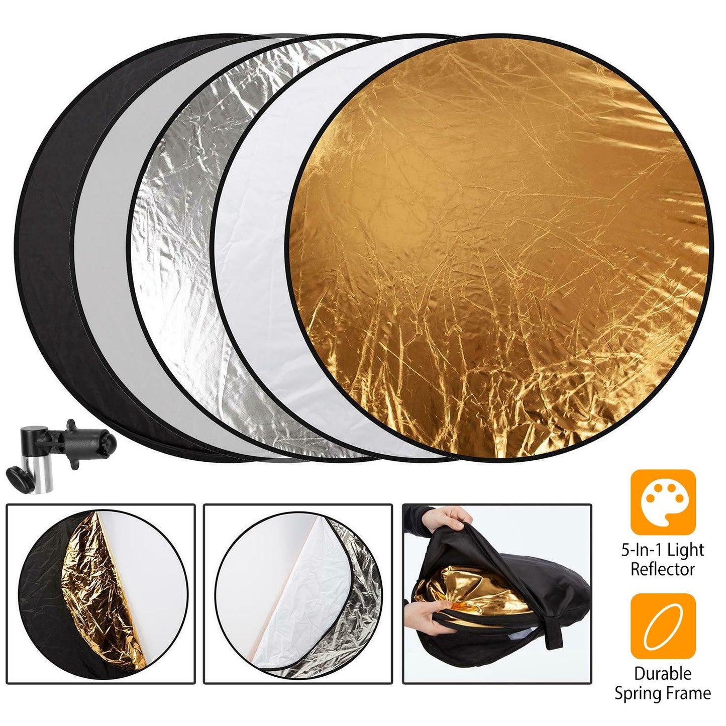 LJGelectro - 42.5In 5 In 1 Photography Round Light Reflector Collapsible Multi Disc Light Diffuser w/ Storage Bag Translucent Silver Gold White Black 5 Colors Refl