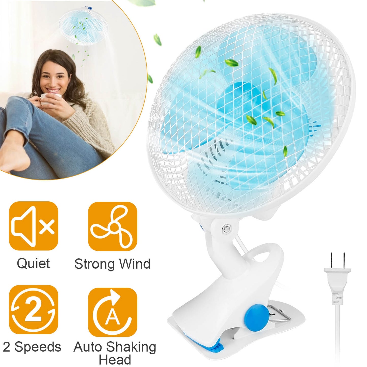 LJGelectro - Clip On Fan 2 Speeds Quiet Clamp Fan Adjustable Tilt Auto Shaking Fan Wall Mount Personal Fan For Desk Office Home Baby Strollers Table Tops w/ 3.94FT