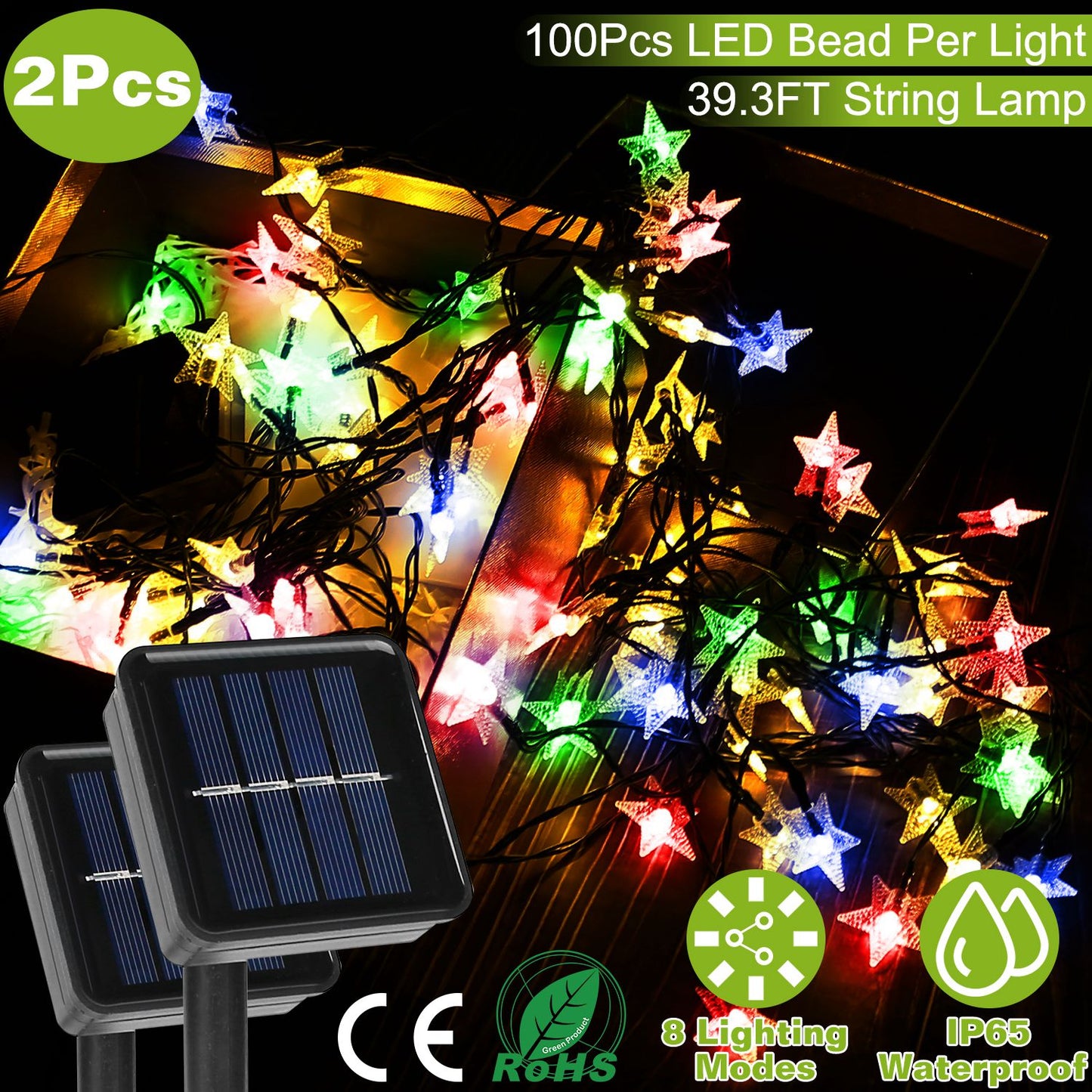 LJGelectro - 2Pcs Solar Powered String Lights 39.3FT 100LED Beads Fairy Star Lights IP65 Waterproof Decorative Garden Party Christmas Tree Stake Lamps w/ 8 Lightin