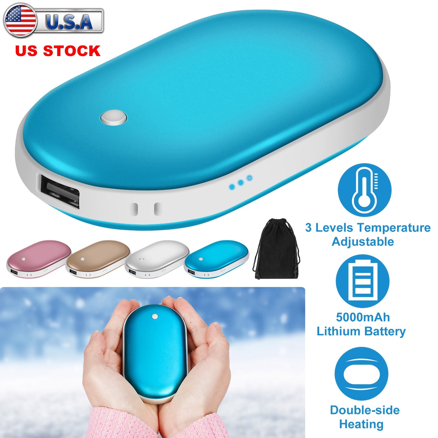 LJGelectro - Portable Hand Warmer 5000mAh Power Bank Rechargeable Pocket Warmer Double-Sided Heating Handwarmer