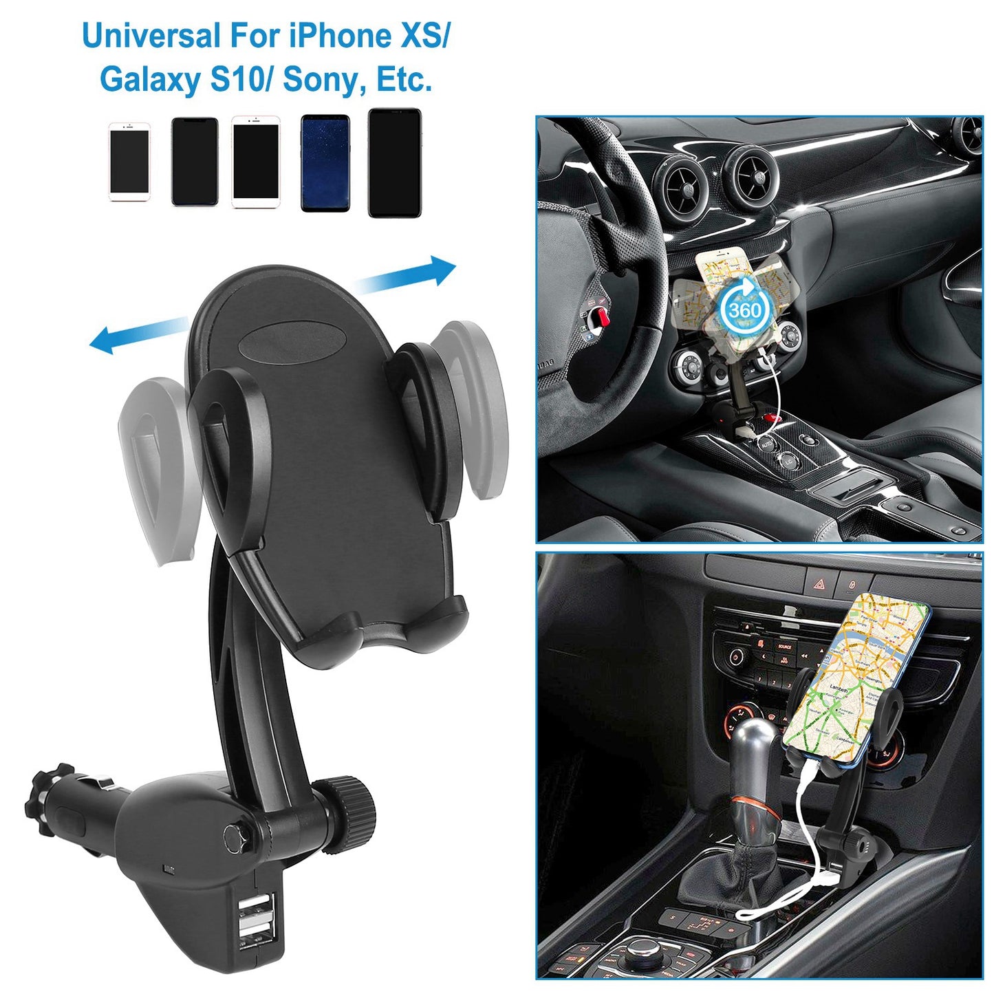 LJGelectro - 360° Rotation Car Phone Mount 3.1A Dual USB Cigarette Lighter Phone Holder Universal