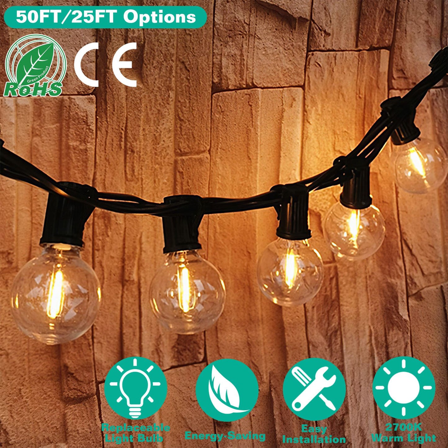 LJGelectro - 50FT Decorative Globe String Lights Outdoor Indoor 25Pcs Bulb Light Strings Fairy String Lamps for Garden Lawn Patio Cafe Party