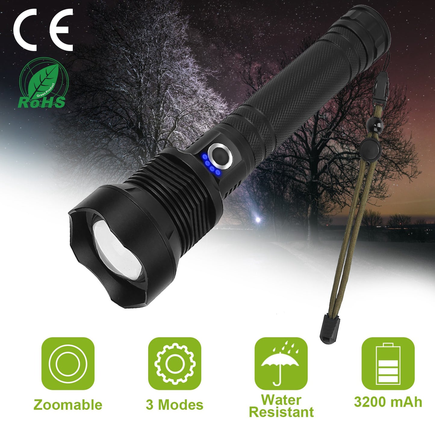 LJGelectro - LED Tactical Flashlights 30000LM USB Rechargeable Flashlight Water-Resistant Zoomable LED Torch w/ 3 Modes SOS 3200mAh Battery Handheld Flashlights fo