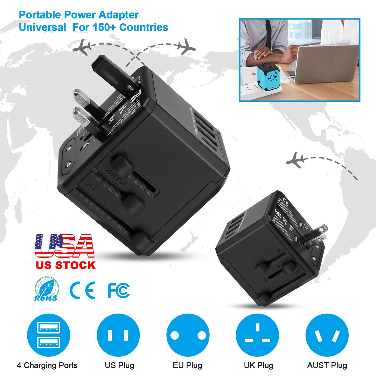 LJGelectro - Universal Travel Power Adapter All in One AC Power Plug Adapter International Wall Charger with 4 Charging Ports for Phones Tablets Cameras US UK EU A