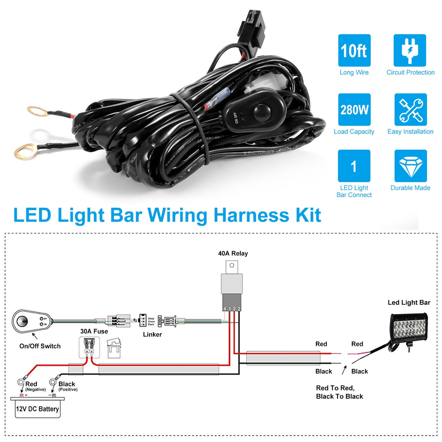 LJGelectro - LED Light Bar Wiring Harness Kit 280W 12V 40A Power Relay Fuse On/Off Switch 10ft Length Universal Fitment Light Bar Accessories