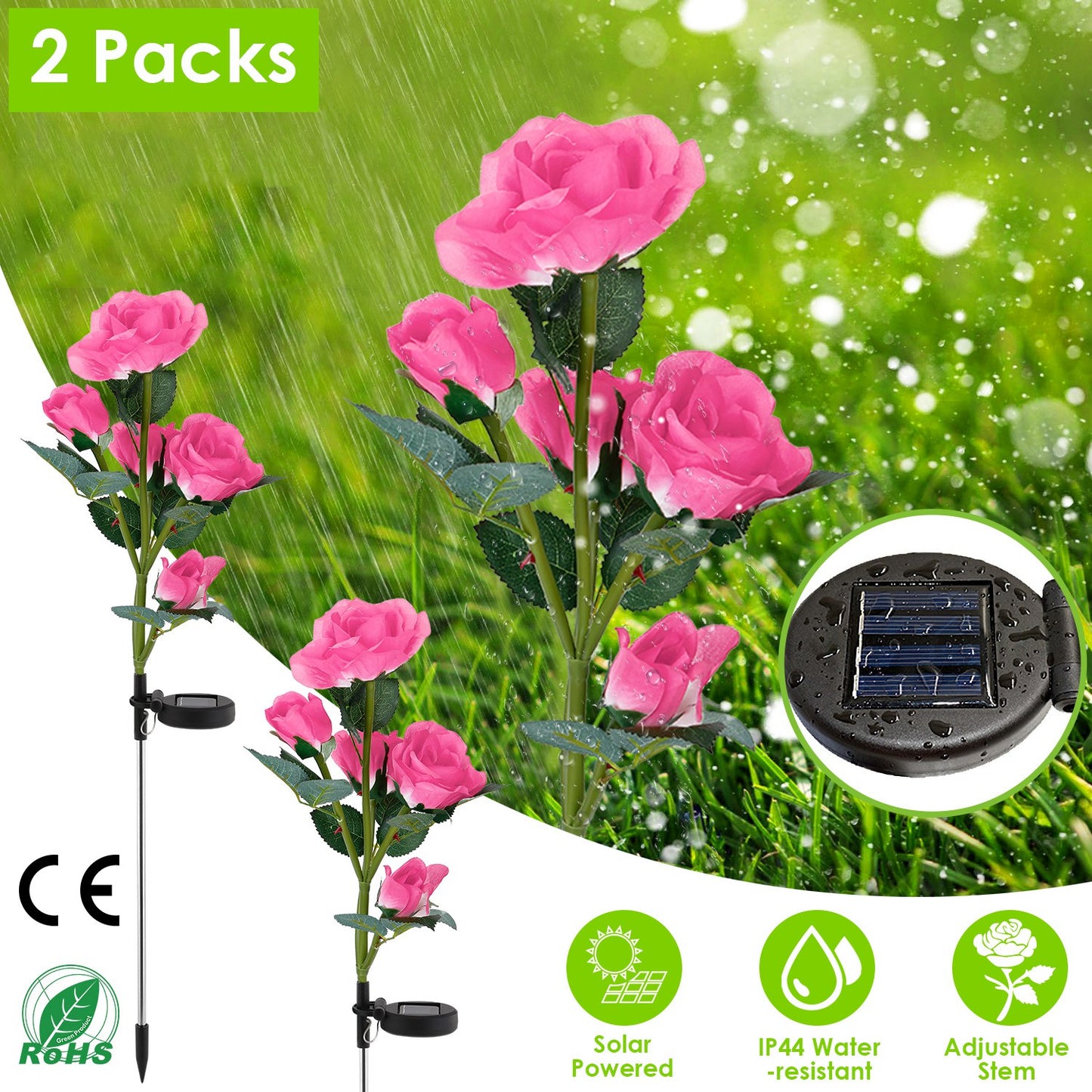 LJGelectro - 2Pcs Solar Powered Lights Outdoor Rose Flower LED Decorative Lamp Water Resistant Pathway Stake Lights For Garden Patio Yard Walkway