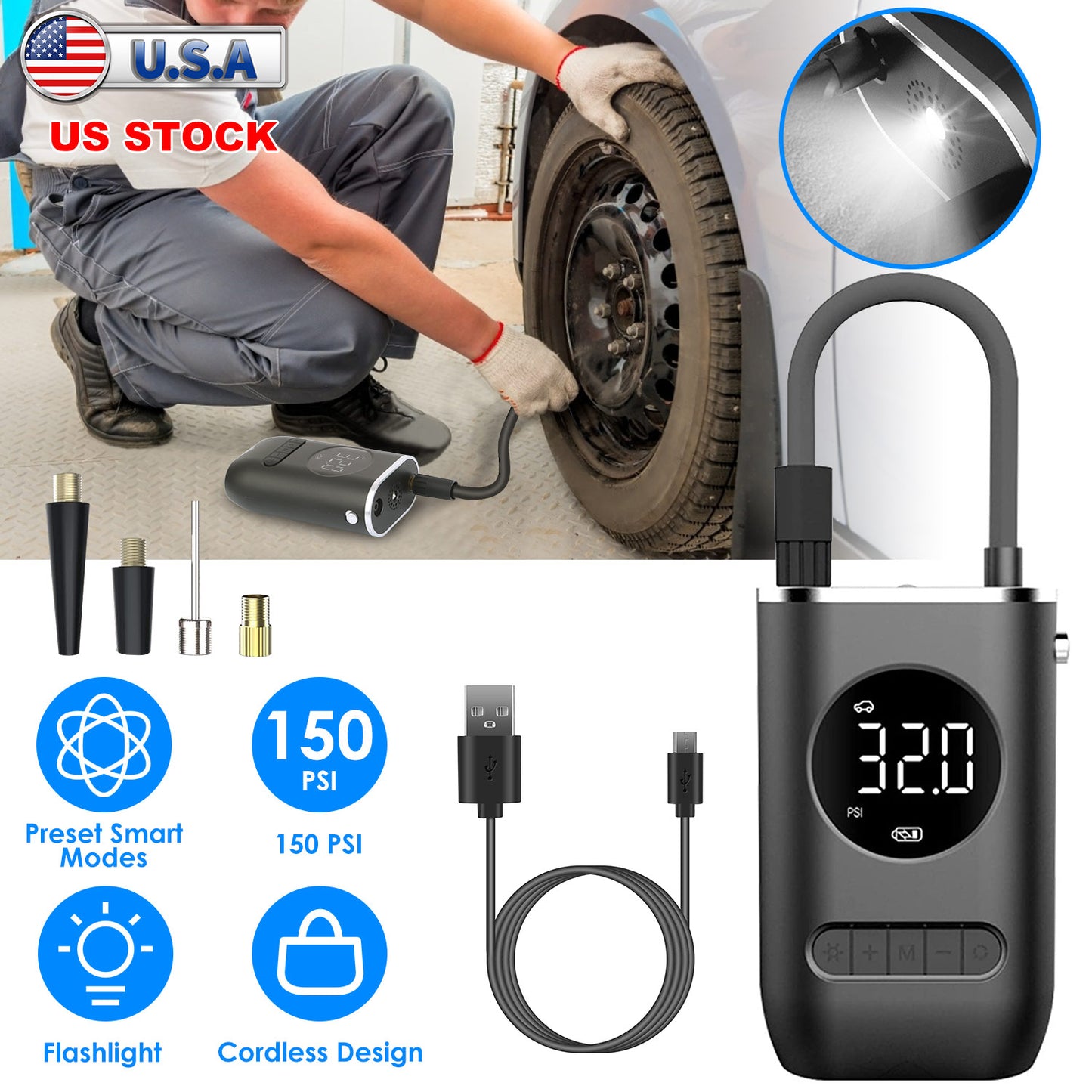 LJGelectro - Car Tire Inflator Pump Portable Car Air Compressor Wireless Electric Air Pump 150 PSI with LED Light