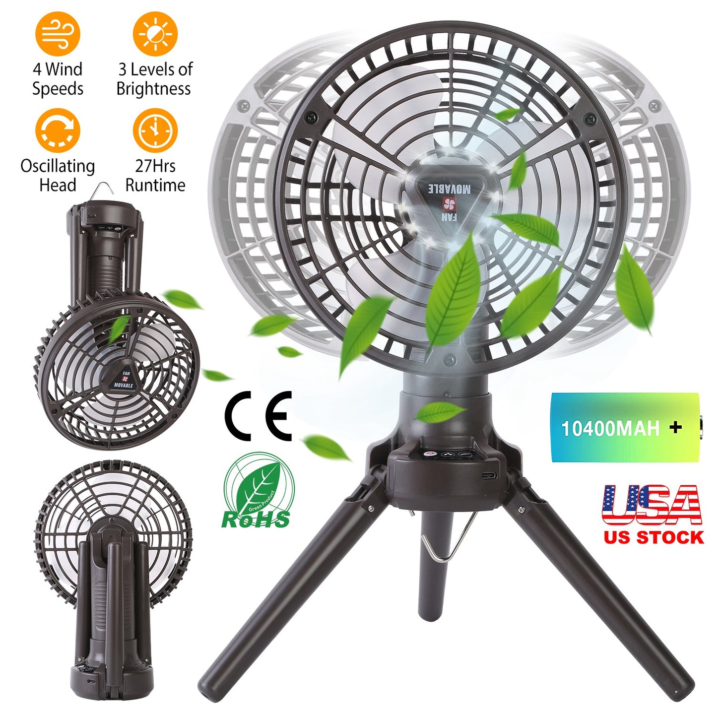 LJGelectro - 10400mah Portable Camping Fan with LED Light Rechargeable Tripod Tent Hanging Fan Lantern Portable Foldable Oscillating Table Fan with 3 Brightness 4