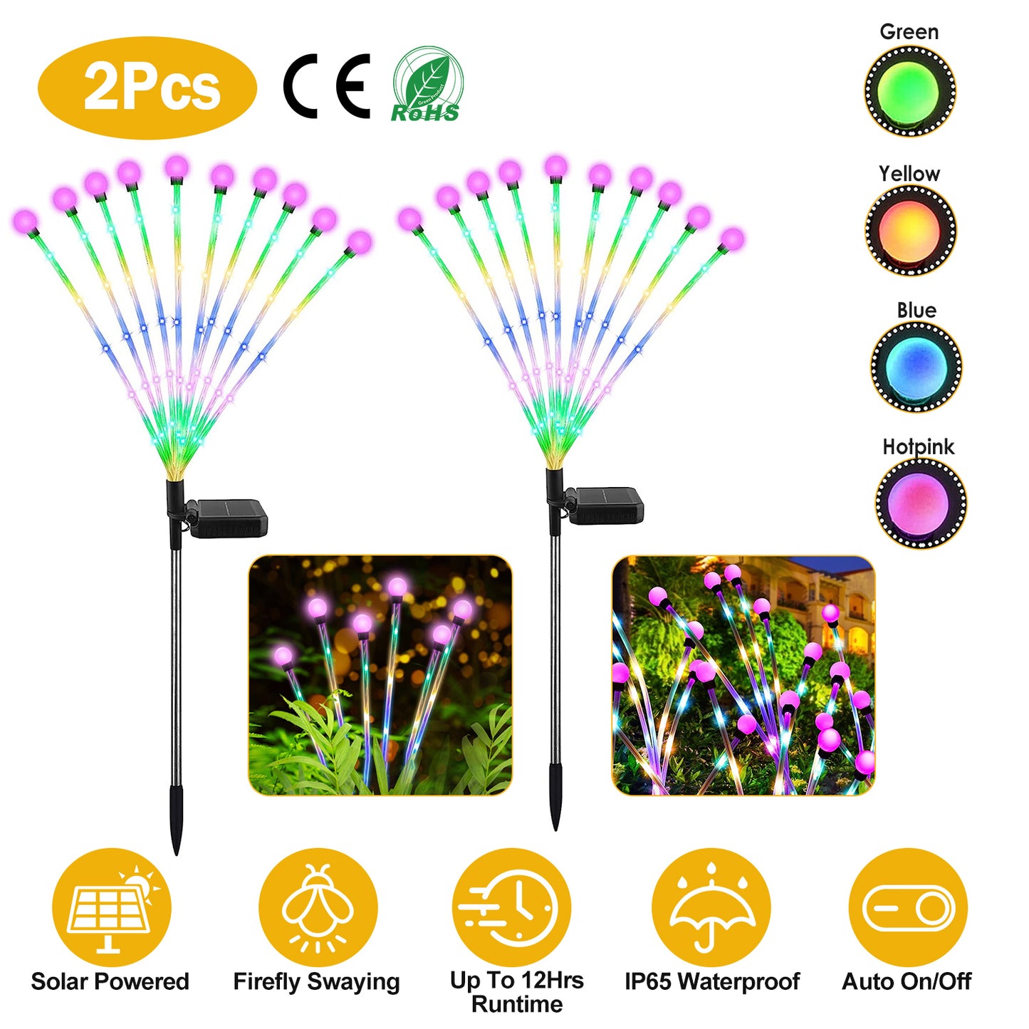 LJGelectro - 2Pcs Solar Firefly Lights Swaying Decorative Pathway Stake Lamp IP65 Waterproof Landscape Patio Yard Night Light